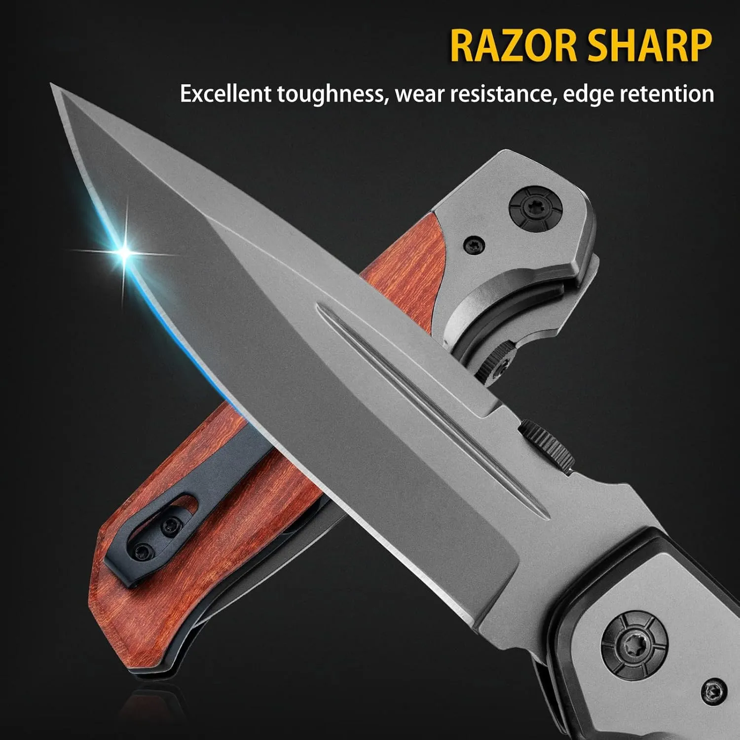 NedFoss DA30 Pocket Knife Folding Knife, 4" Folding Hunting Knife Blade with Titanium Plated, Rosewood Handle, Safety Liner Lock and Clip, Compact EDC Knife for Fishing Hiking Survival