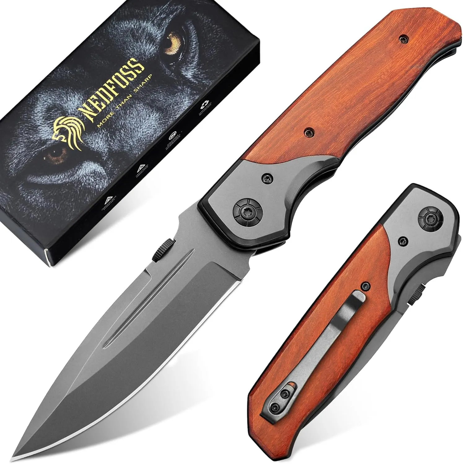 NedFoss DA30 Pocket Knife Folding Knife, 4" Folding Hunting Knife Blade with Titanium Plated, Rosewood Handle, Safety Liner Lock and Clip, Compact EDC Knife for Fishing Hiking Survival