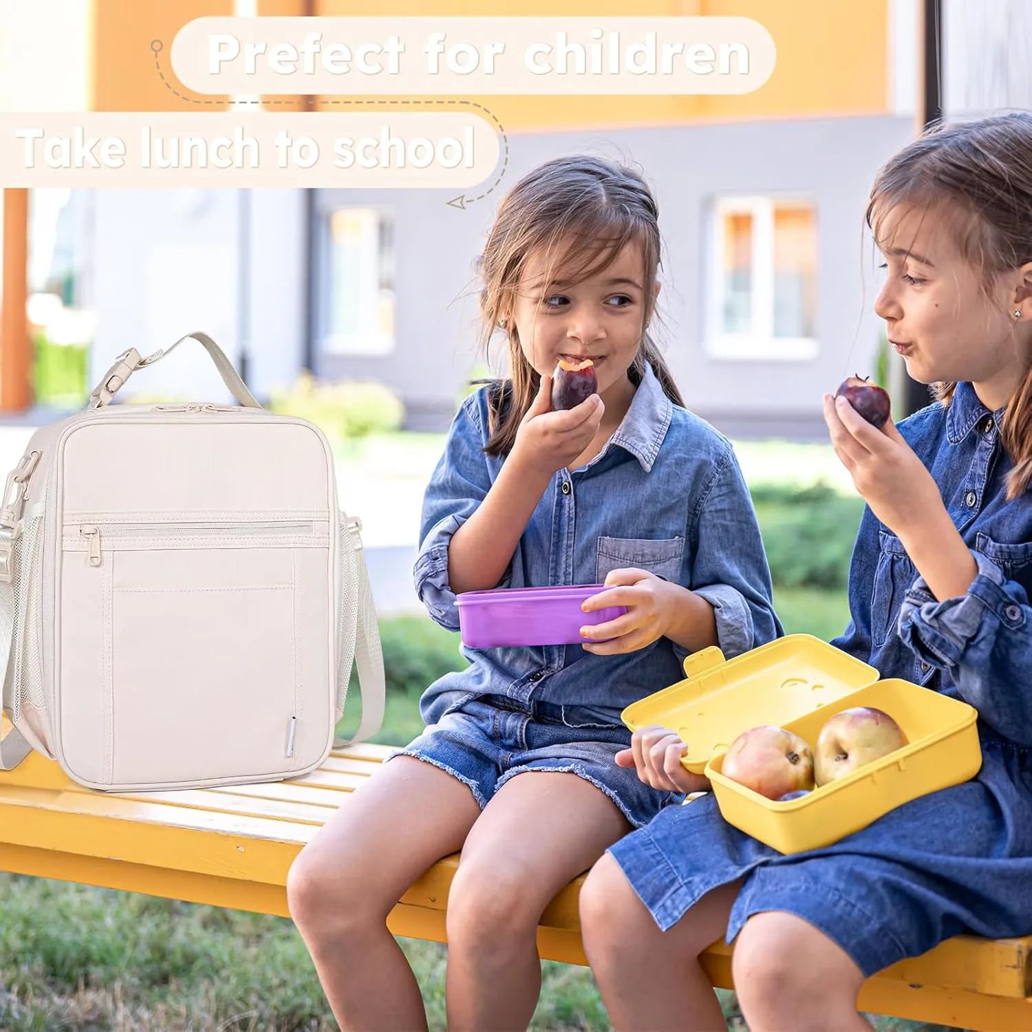 NOL Nylon Waterproof Kids Lunch Bag, Insulated Lunch Bag, Lunch box Cooler, Reusable, Zip Closure with Buckle Handle Holds Lunch Box, Snacks & Water Bottle for School Work, Cream