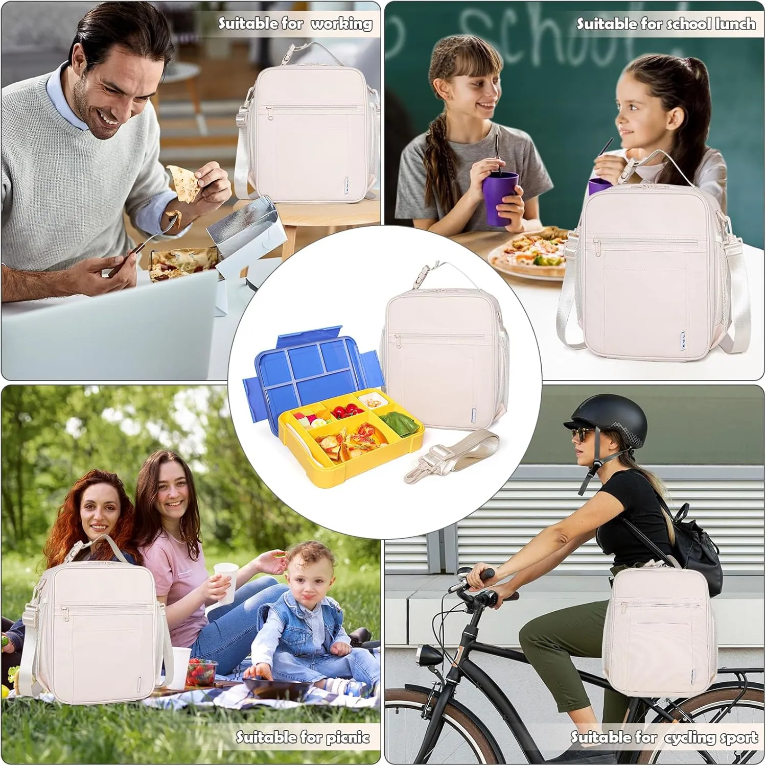 NOL Nylon Waterproof Kids Lunch Bag, Insulated Lunch Bag, Lunch box Cooler, Reusable, Zip Closure with Buckle Handle Holds Lunch Box, Snacks & Water Bottle for School Work, Cream