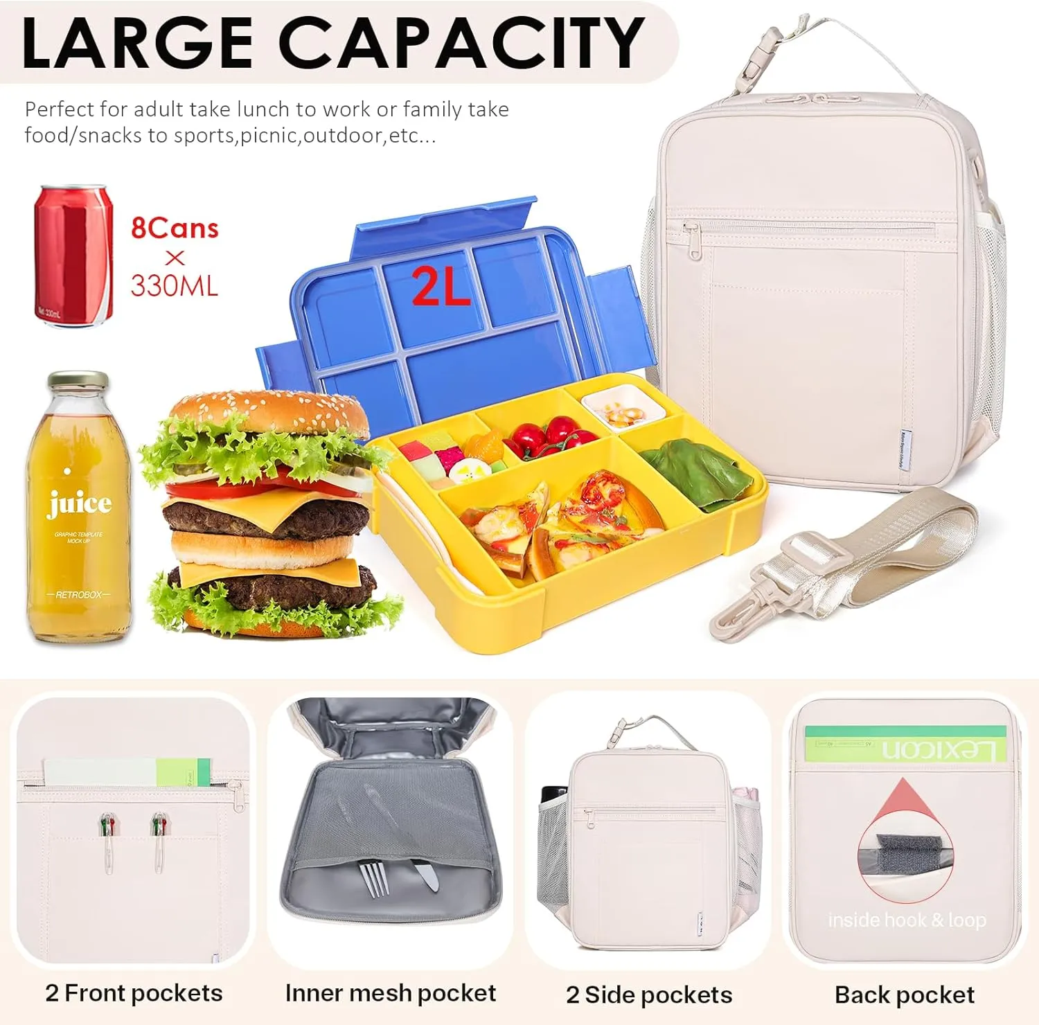 NOL Nylon Waterproof Kids Lunch Bag, Insulated Lunch Bag, Lunch box Cooler, Reusable, Zip Closure with Buckle Handle Holds Lunch Box, Snacks & Water Bottle for School Work, Cream