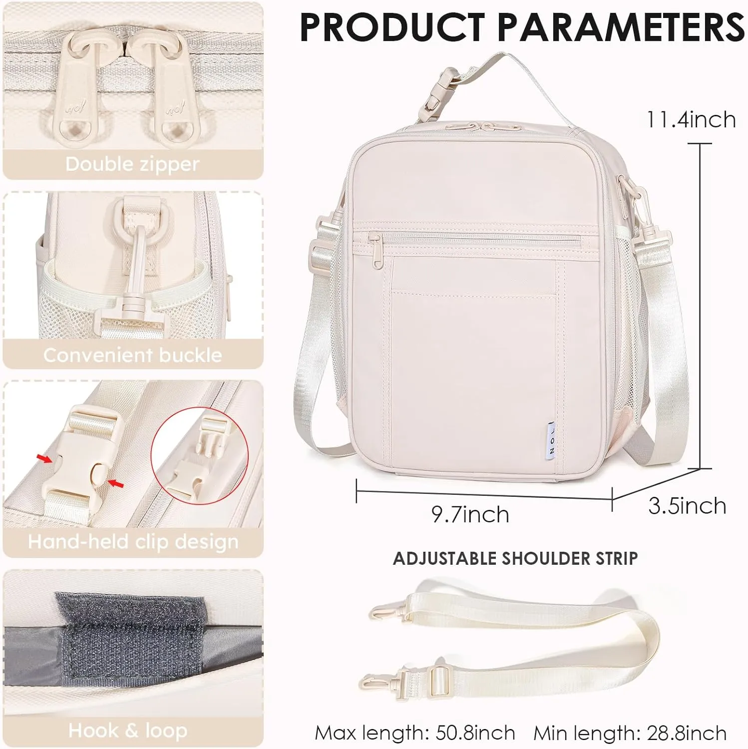 NOL Nylon Waterproof Kids Lunch Bag, Insulated Lunch Bag, Lunch box Cooler, Reusable, Zip Closure with Buckle Handle Holds Lunch Box, Snacks & Water Bottle for School Work, Cream