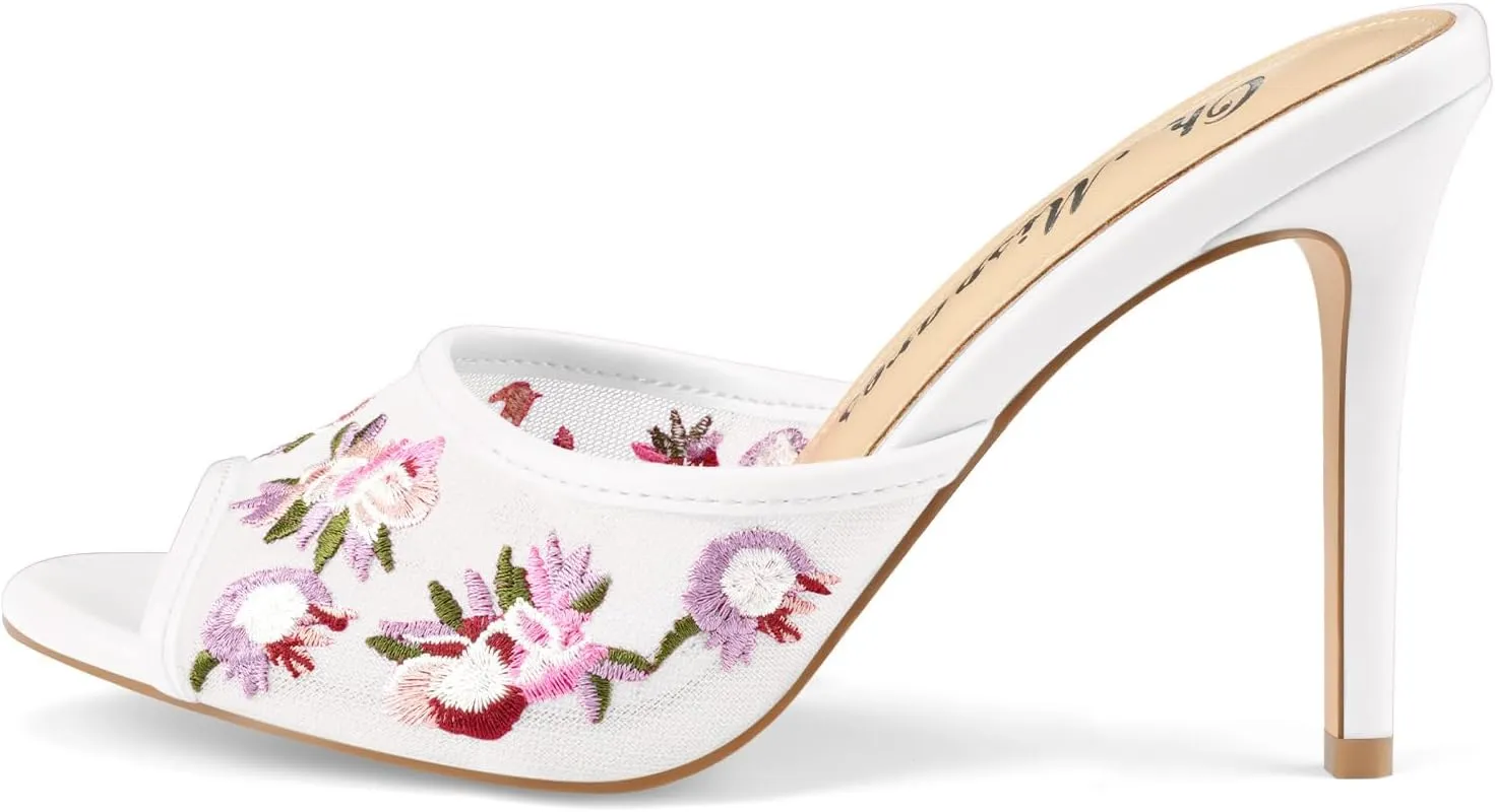 Oh Mispares Heeled Mules for Women High Heel Floral Sandals Mesh Embroidered Stiletto Slip-on Open Toe Elegant Dress Shoes for Wedding Prom Party