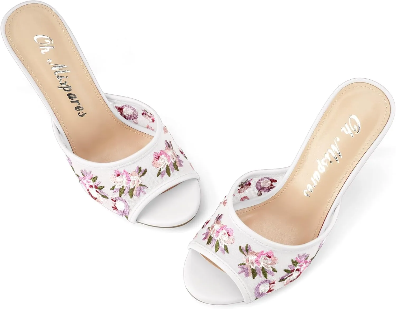 Oh Mispares Heeled Mules for Women High Heel Floral Sandals Mesh Embroidered Stiletto Slip-on Open Toe Elegant Dress Shoes for Wedding Prom Party