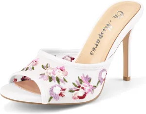 Oh Mispares Heeled Mules for Women High Heel Floral Sandals Mesh Embroidered Stiletto Slip-on Open Toe Elegant Dress Shoes for Wedding Prom Party