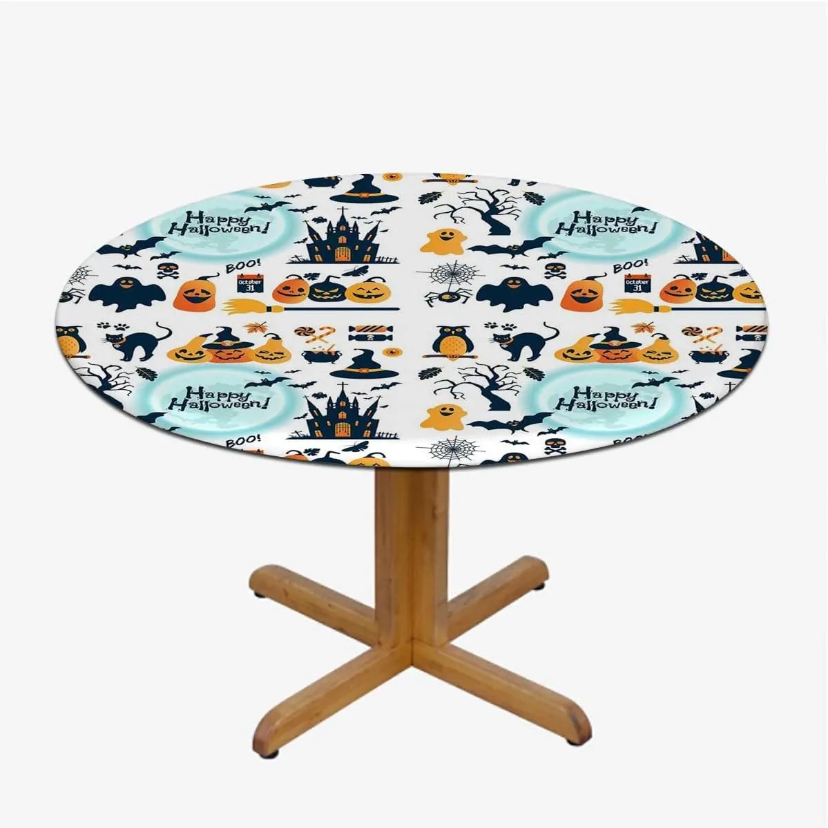 Orange Black Round Fitted Table Cloth Cover Elastic ​Edged All Hallows Day Tablecloth Elastic Edge Fitted Table Cover Leaves Fit for 36"-39" Diameter Table Halloween