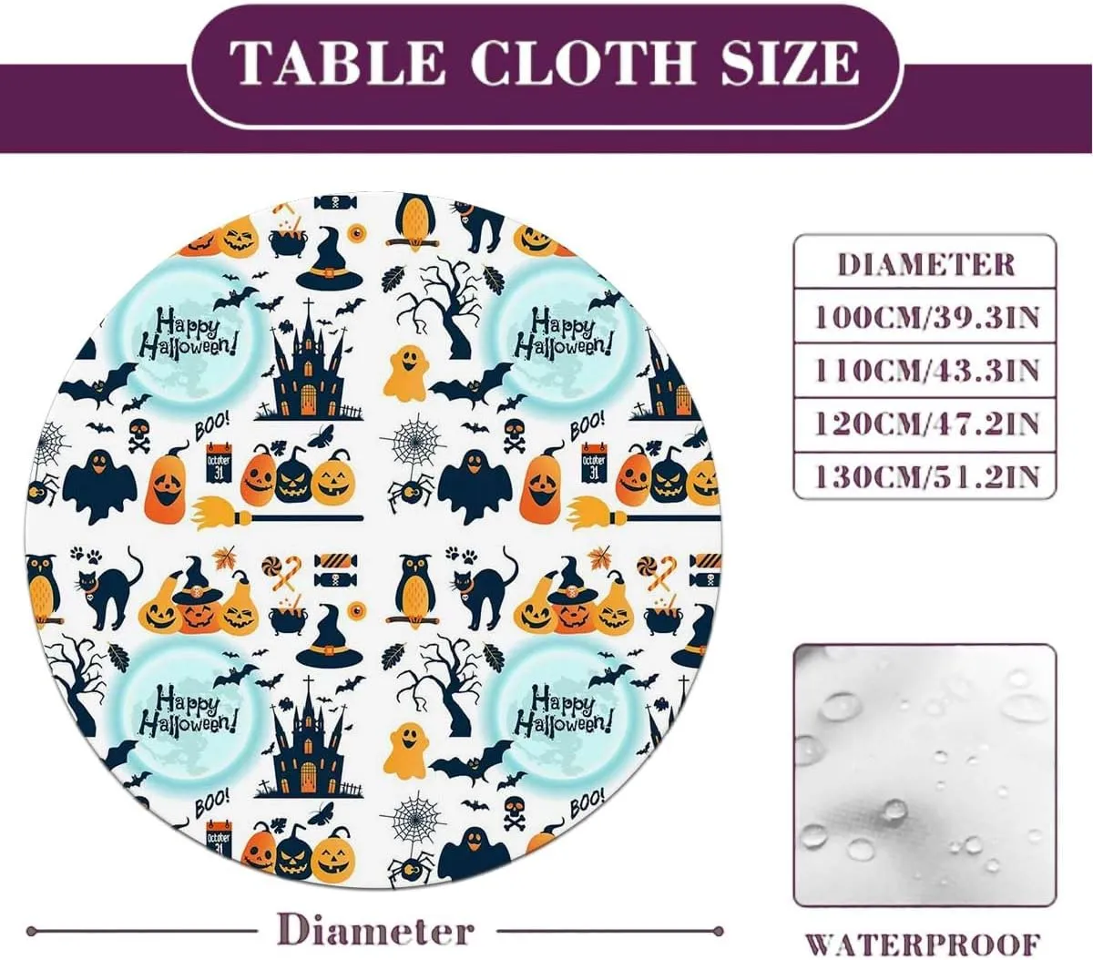 Orange Black Round Fitted Table Cloth Cover Elastic ​Edged All Hallows Day Tablecloth Elastic Edge Fitted Table Cover Leaves Fit for 36"-39" Diameter Table Halloween