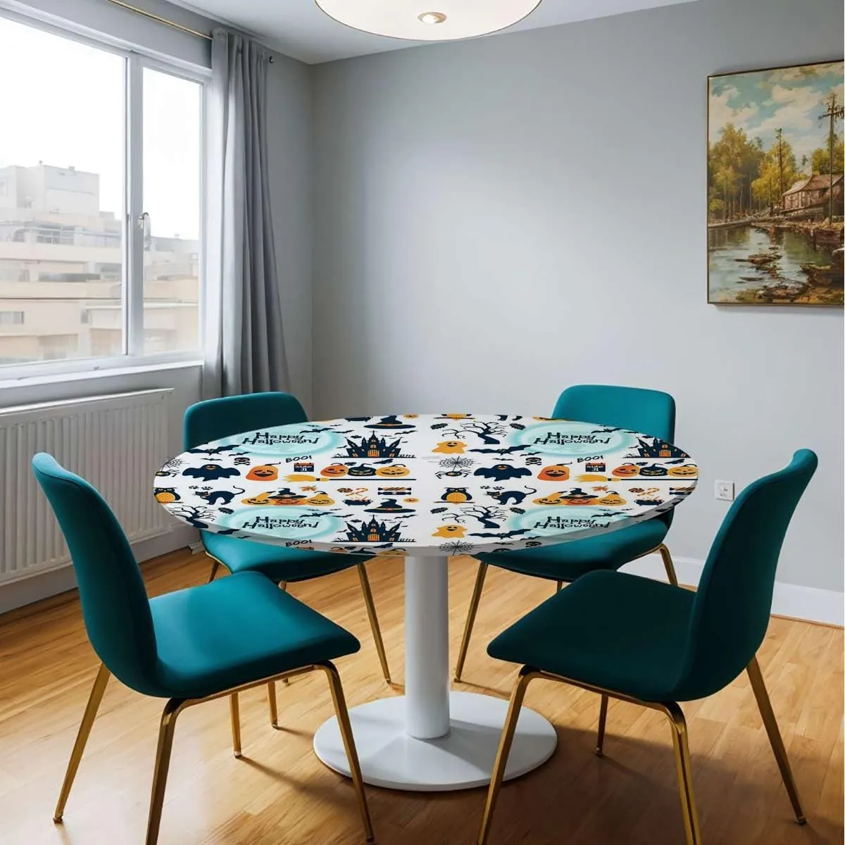 Orange Black Round Fitted Table Cloth Cover Elastic ​Edged All Hallows Day Tablecloth Elastic Edge Fitted Table Cover Leaves Fit for 36"-39" Diameter Table Halloween