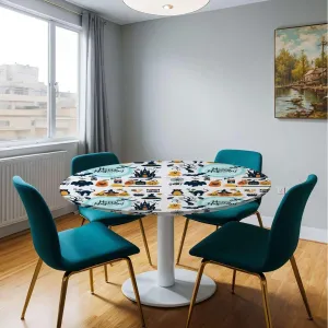 Orange Black Round Fitted Table Cloth Cover Elastic ​Edged All Hallows Day Tablecloth Elastic Edge Fitted Table Cover Leaves Fit for 36"-39" Diameter Table Halloween