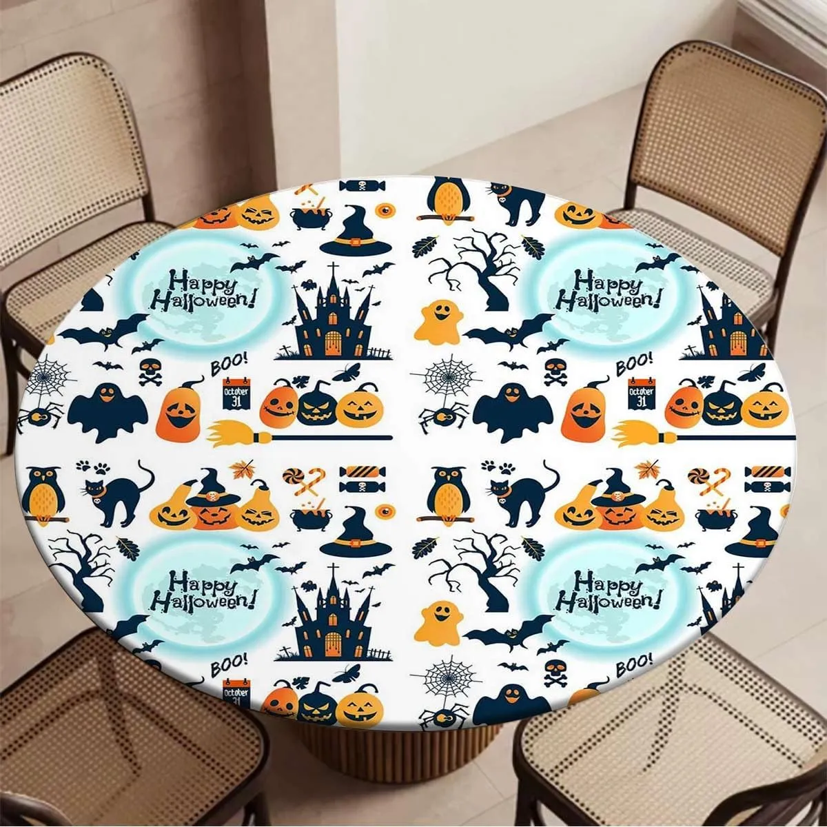 Orange Black Round Fitted Table Cloth Cover Elastic ​Edged All Hallows Day Tablecloth Elastic Edge Fitted Table Cover Leaves Fit for 36"-39" Diameter Table Halloween