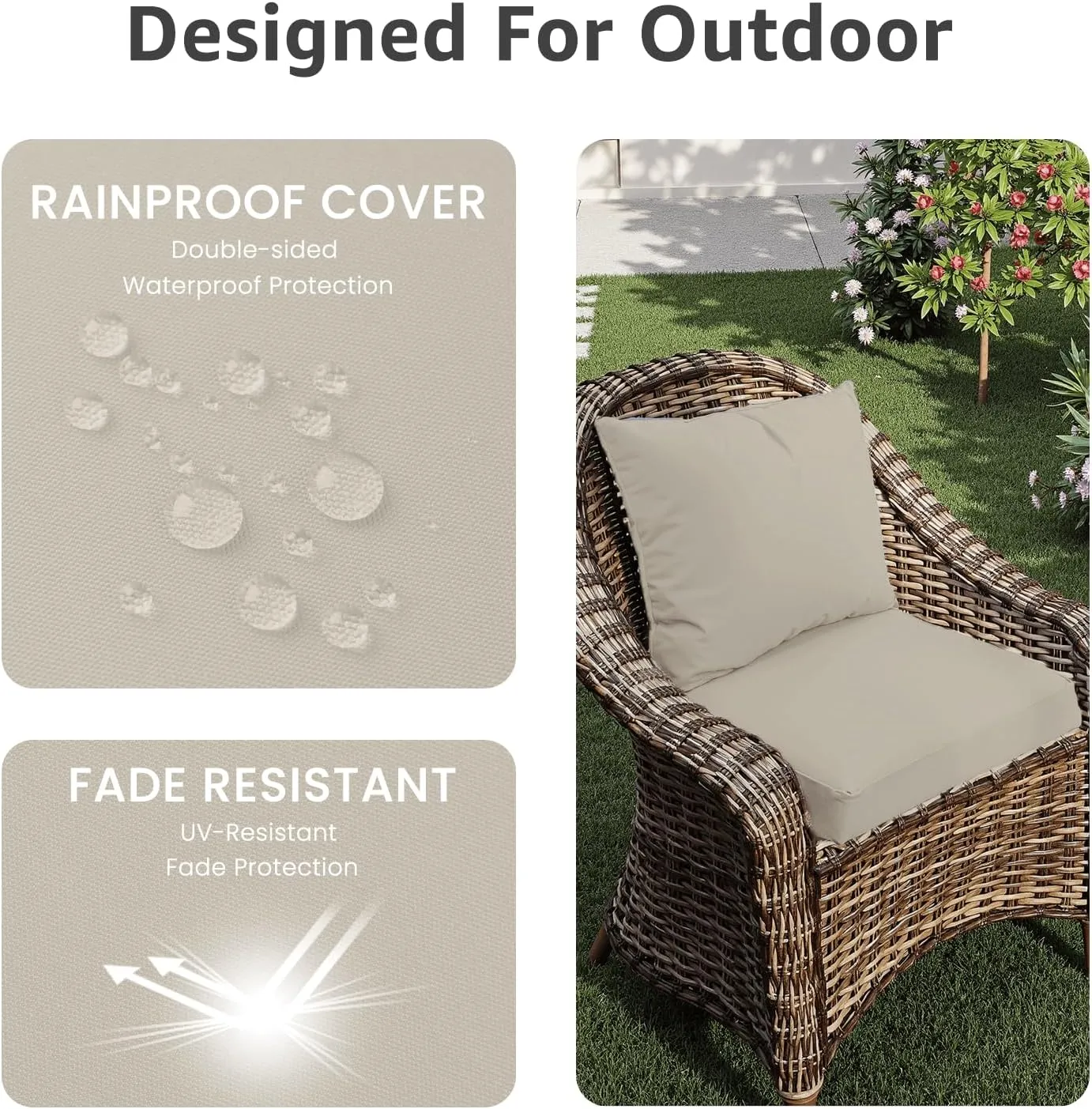 Outdoor Chair Cushions 19 x 19 x 3 Inch, Waterproof & Fade Resistant Patio Seat Cushion for Furniture with Handle and Ties, Thick Seating Pads for Outside Sofa Couch Set of 2, Cream
