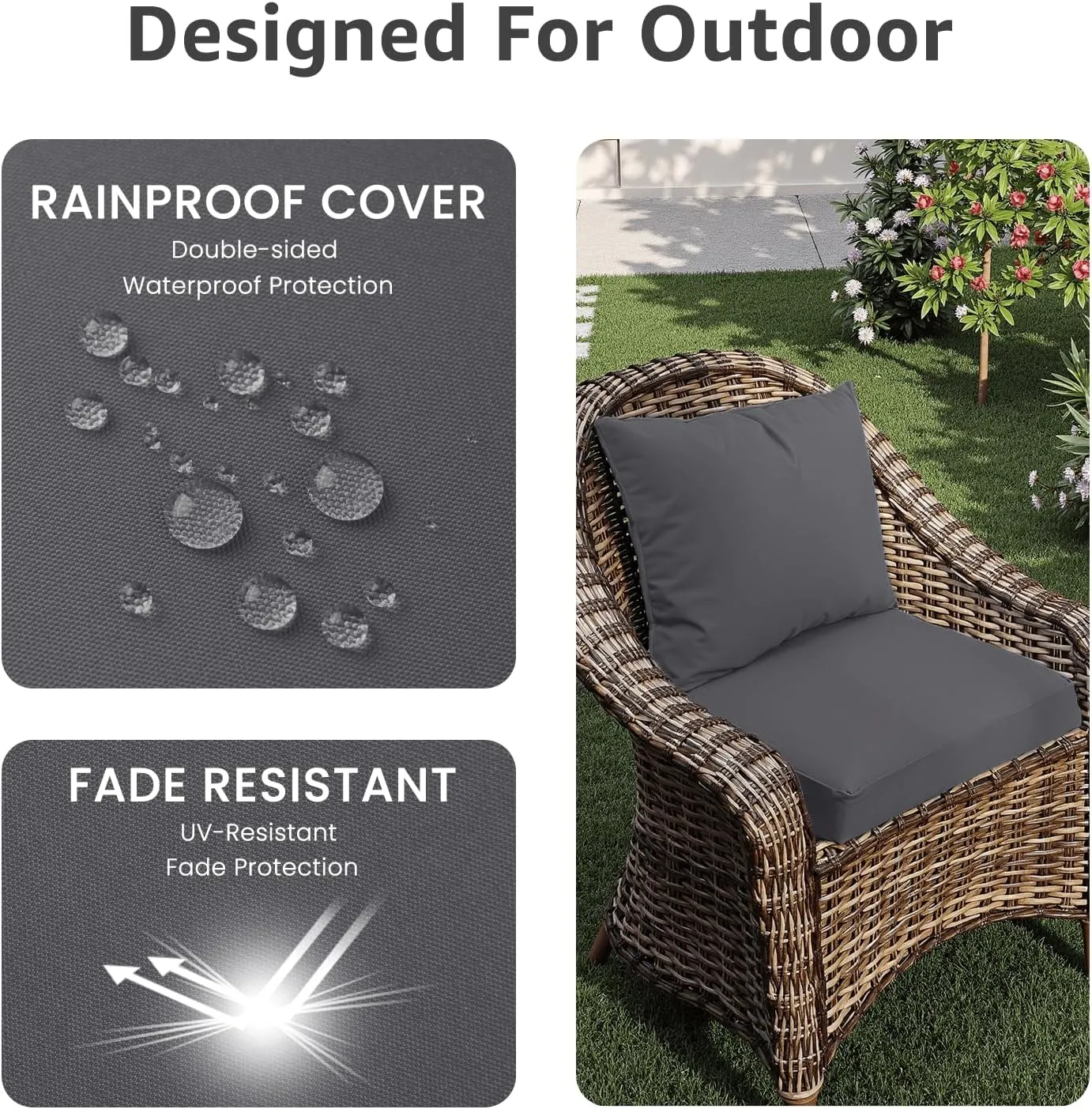 Outdoor Chair Cushions 19 x 19 x 3 Inch, Waterproof & Fade Resistant Patio Seat Cushion for Furniture with Handle and Ties, Thick Seating Pads for Outside Sofa Couch Set of 2, Grey
