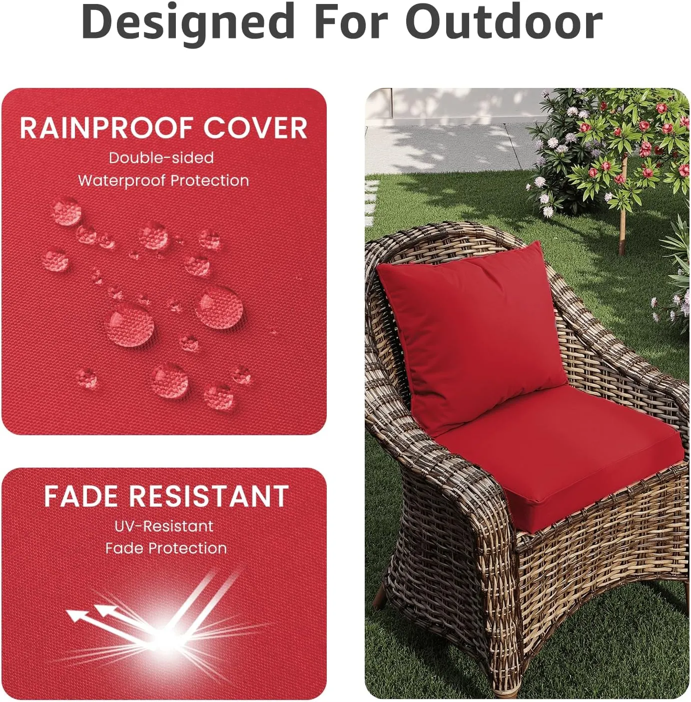 Outdoor Chair Cushions 19 x 19 x 3 Inch, Waterproof & Fade Resistant Patio Seat Cushion for Furniture with Handle and Ties, Thick Seating Pads for Outside Sofa Couch Set of 2, Red