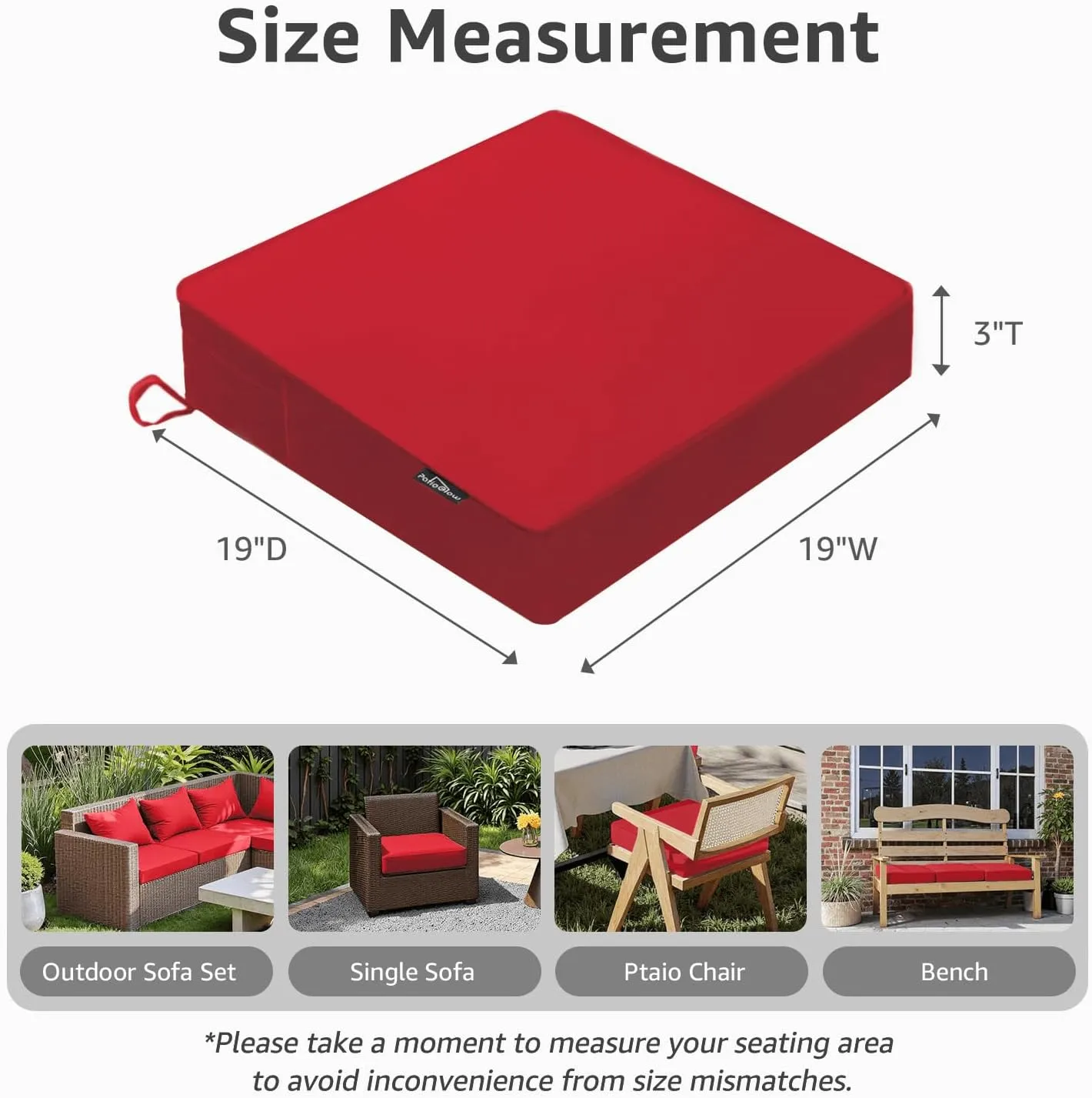 Outdoor Chair Cushions 19 x 19 x 3 Inch, Waterproof & Fade Resistant Patio Seat Cushion for Furniture with Handle and Ties, Thick Seating Pads for Outside Sofa Couch Set of 2, Red