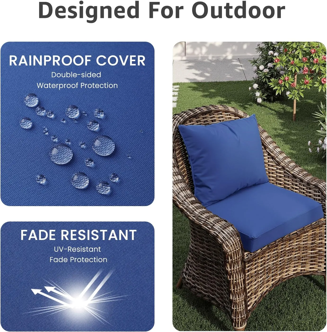 Outdoor Chair Cushions 22 x 22 x 3 Inch, Waterproof & Fade Resistant Patio Seat Cushion for Furniture with Handle and Ties, Thick Seating Pads for Outside Sofa Couch Set of 2, Blue