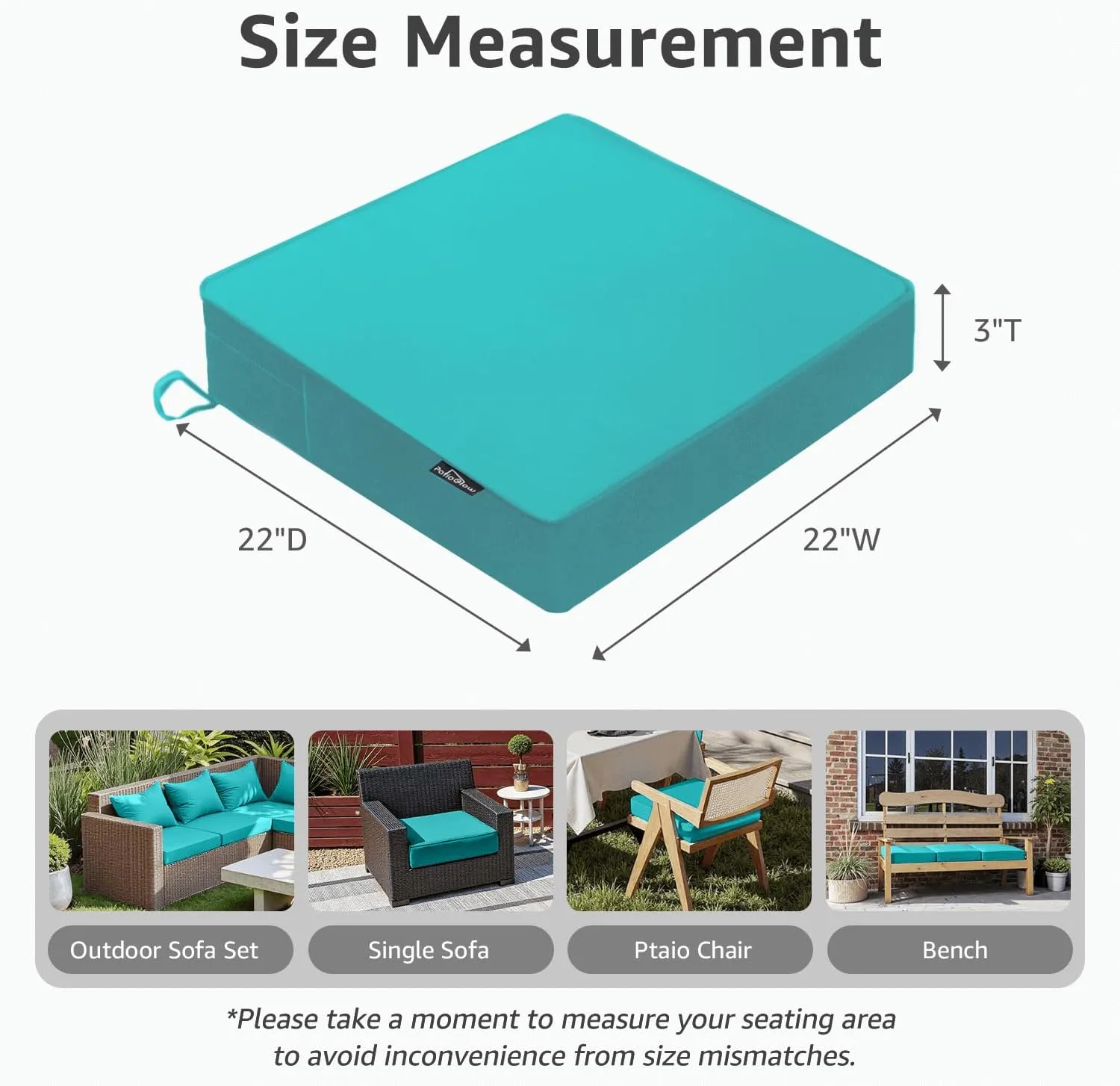 Outdoor Chair Cushions 22 x 22 x 3 Inch, Waterproof & Fade Resistant Patio Seat Cushion for Furniture with Handle and Ties, Thick Seating Pads for Outside Sofa Couch Set of 2, Teal