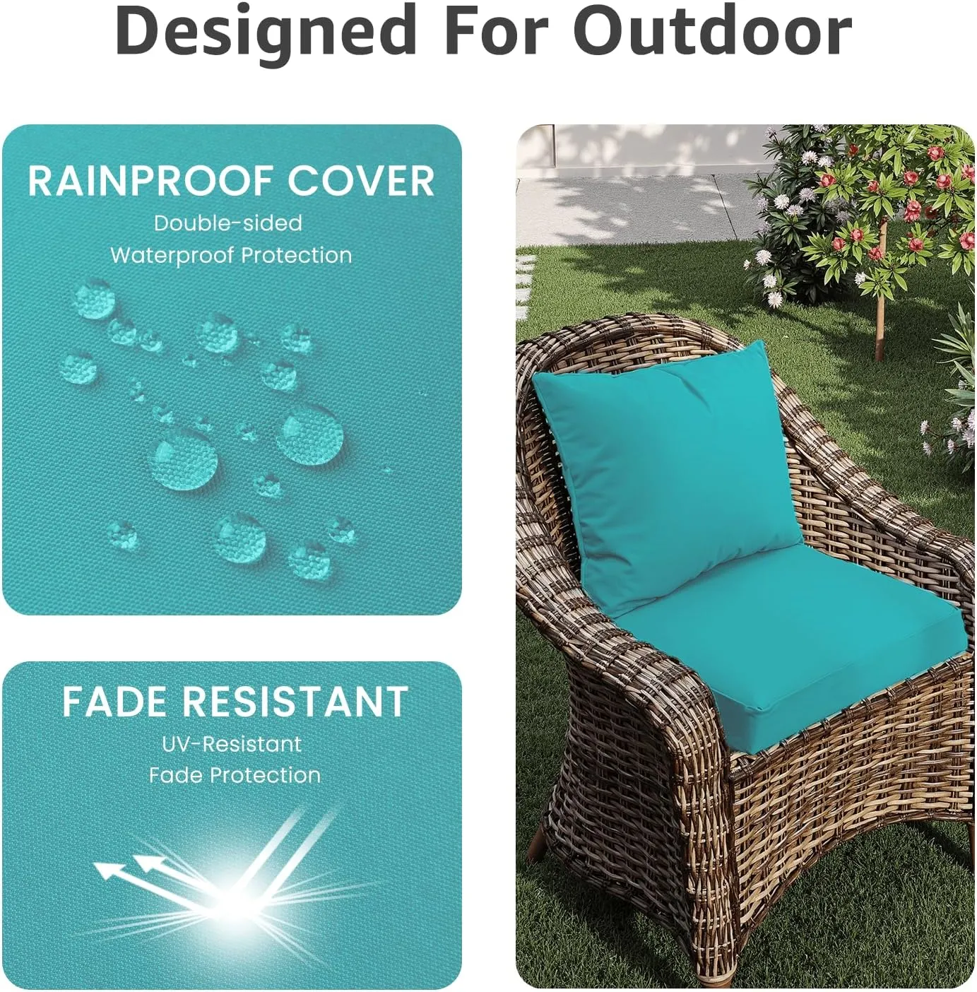 Outdoor Chair Cushions 22 x 22 x 3 Inch, Waterproof & Fade Resistant Patio Seat Cushion for Furniture with Handle and Ties, Thick Seating Pads for Outside Sofa Couch Set of 2, Teal