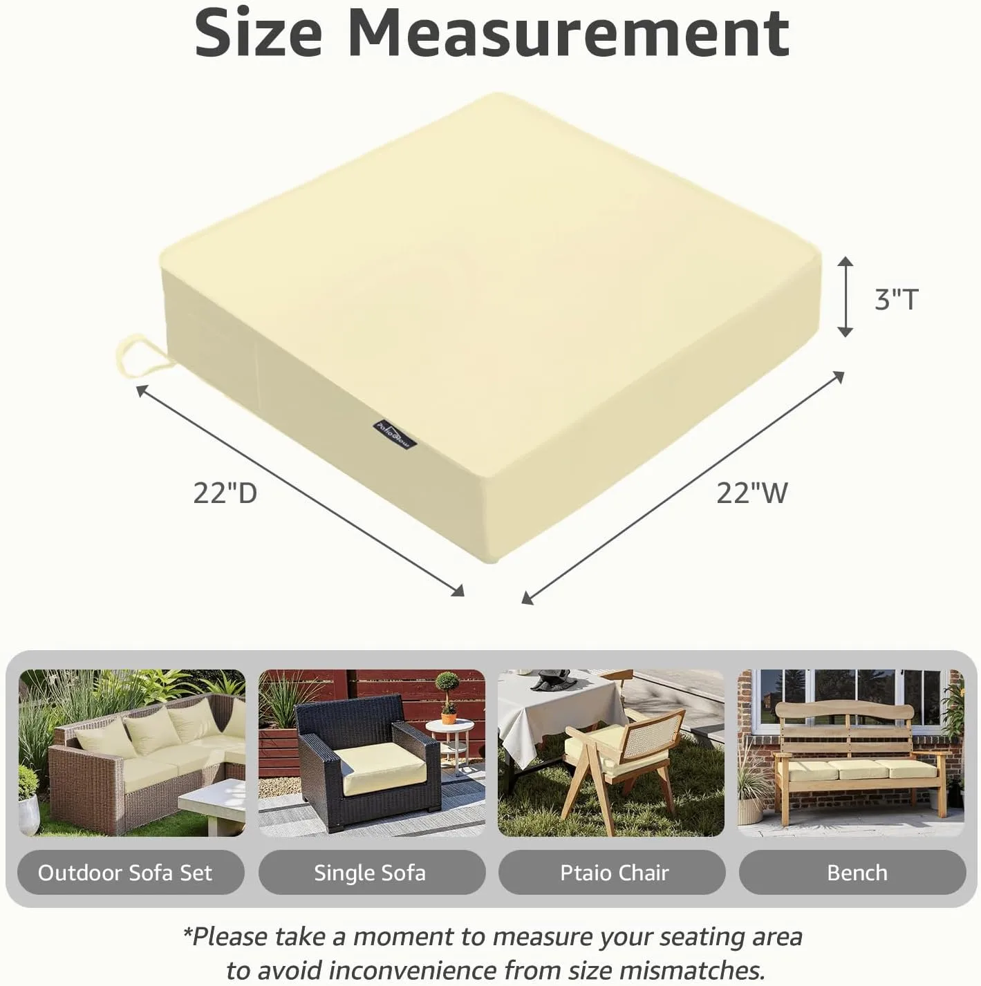 Outdoor Chair Cushions 22 x 22 x 3 Inch, Waterproof & Fade Resistant Patio Seat Cushion for Furniture with Handle and Ties, Thick Seating Pads for Outside Sofa Couch Set of 2, Yellow