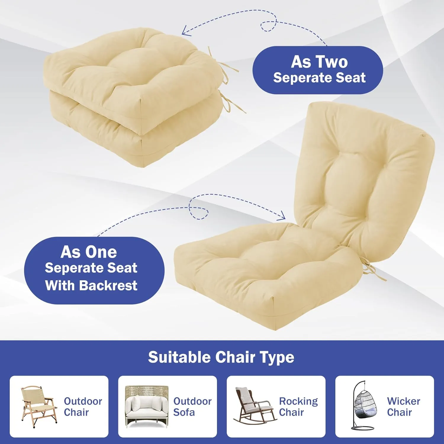 Outdoor Chair Cushions Set of 2, Patio Chair Cushions with Ties, 19x19 Tufted Outdoor Seat Cushions, Waterproof Patio Furniture Cushions, Outdoor Dining Chair Pads, Beige