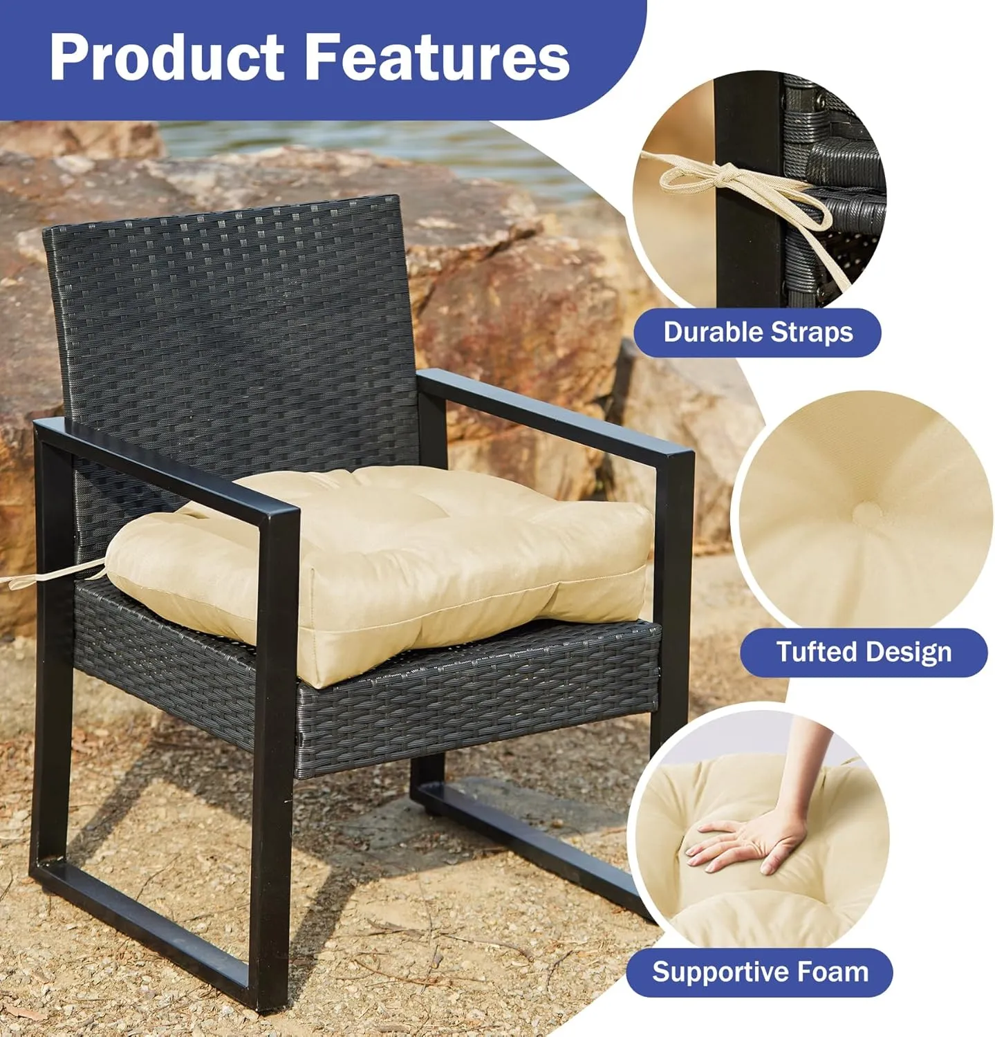 Outdoor Chair Cushions Set of 2, Patio Chair Cushions with Ties, 19x19 Tufted Outdoor Seat Cushions, Waterproof Patio Furniture Cushions, Outdoor Dining Chair Pads, Beige