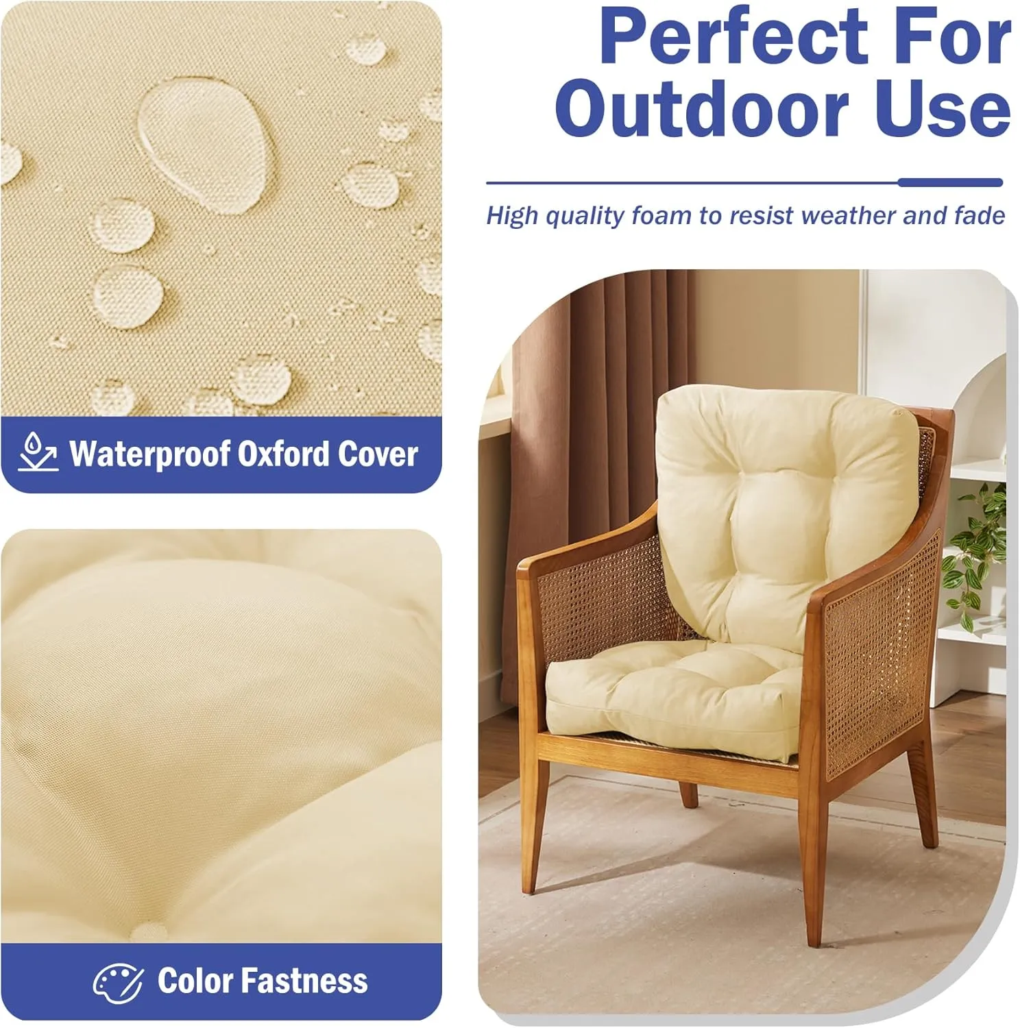 Outdoor Chair Cushions Set of 2, Patio Chair Cushions with Ties, 19x19 Tufted Outdoor Seat Cushions, Waterproof Patio Furniture Cushions, Outdoor Dining Chair Pads, Beige