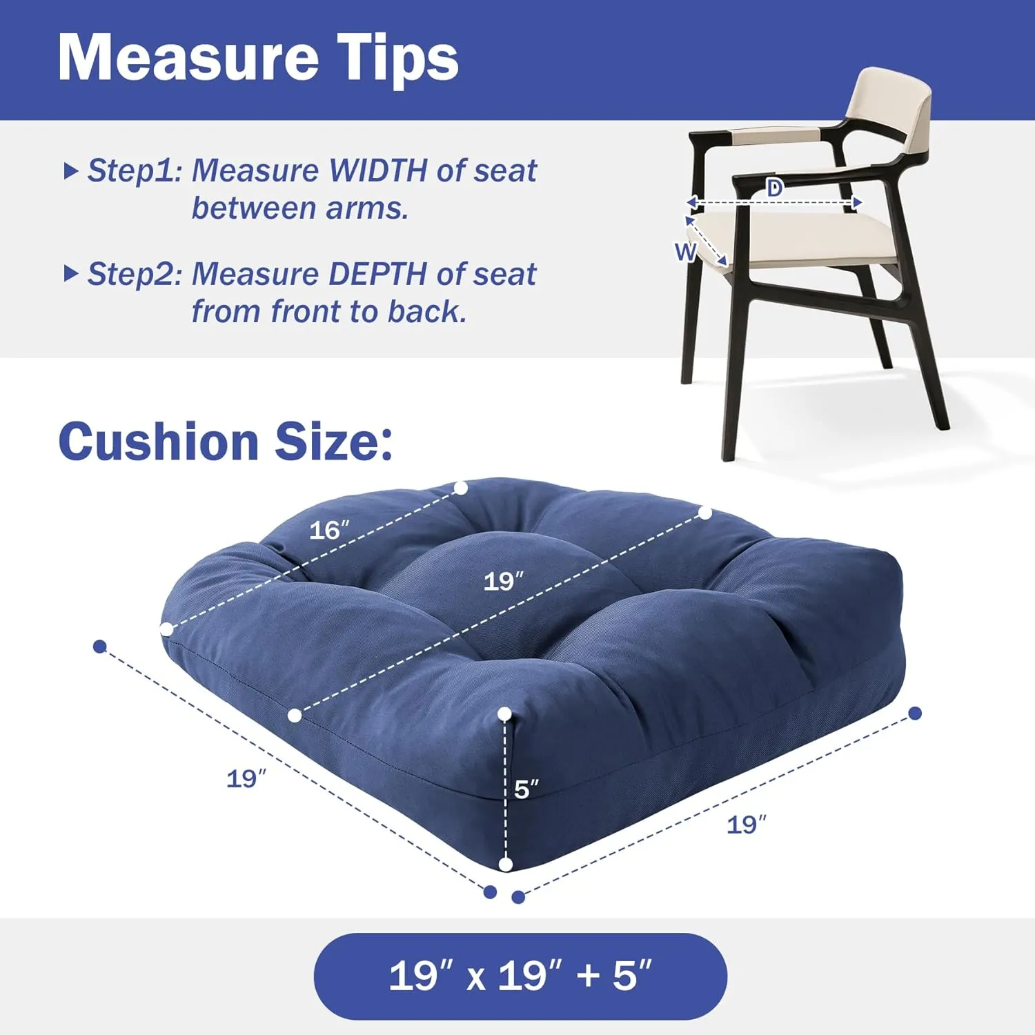 Outdoor Chair Cushions Set of 2, Patio Chair Cushions with Ties, 19x19 Tufted Outdoor Seat Cushions, Waterproof Patio Furniture Cushions, Outdoor Dining Chair Pads, Navy