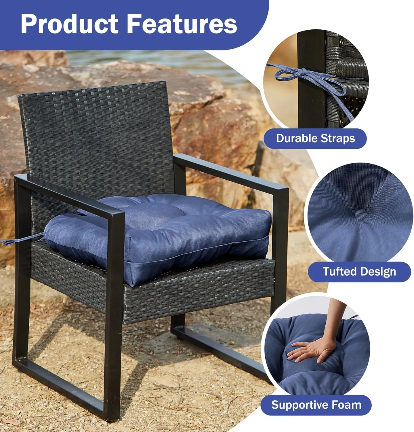 Outdoor Chair Cushions Set of 2, Patio Chair Cushions with Ties, 19x19 Tufted Outdoor Seat Cushions, Waterproof Patio Furniture Cushions, Outdoor Dining Chair Pads, Navy