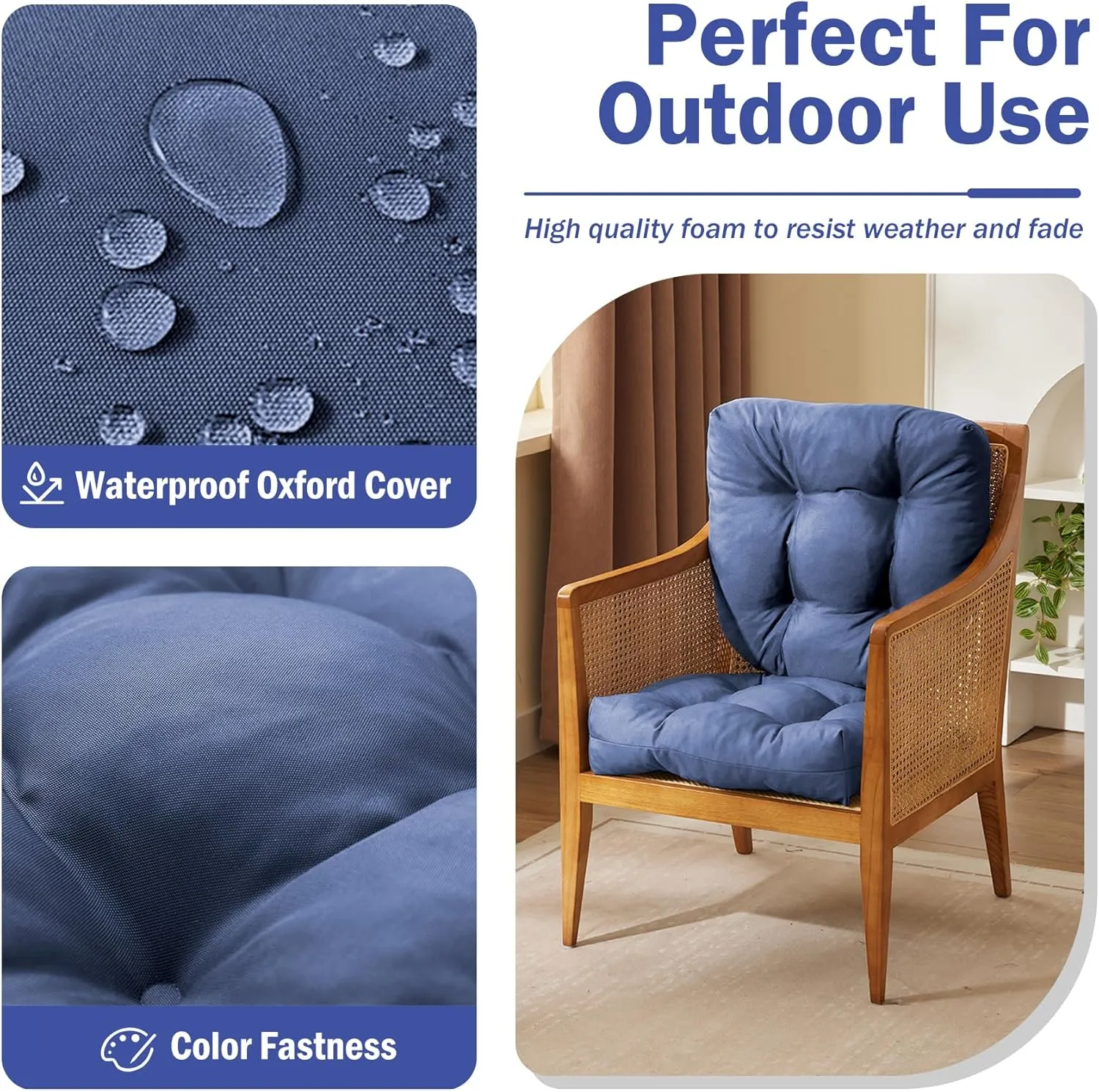 Outdoor Chair Cushions Set of 2, Patio Chair Cushions with Ties, 19x19 Tufted Outdoor Seat Cushions, Waterproof Patio Furniture Cushions, Outdoor Dining Chair Pads, Navy