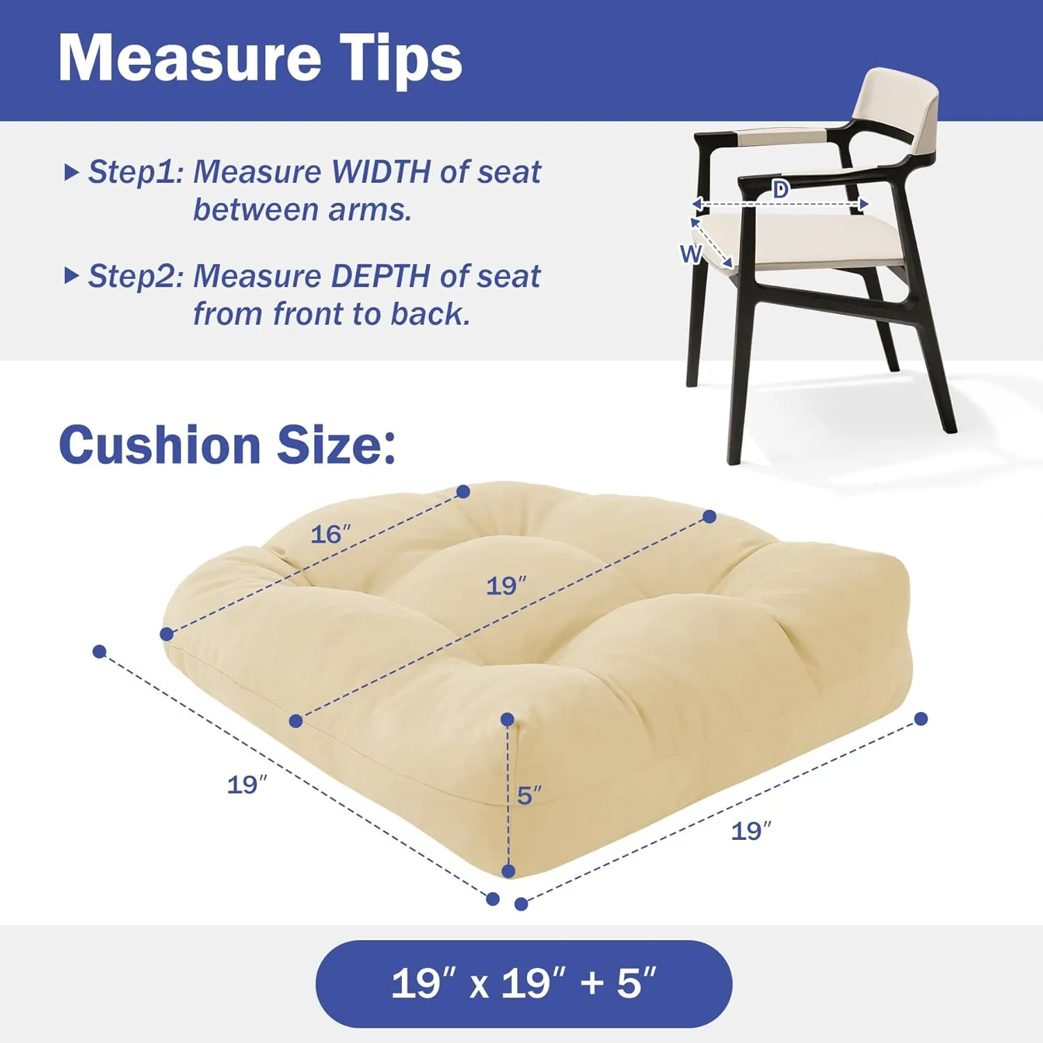 Outdoor Chair Cushions Set of 4, Patio Chair Cushions with Ties, 19x19 Tufted Outdoor Seat Cushions, Waterproof Patio Furniture Cushions, Outdoor Dining Chair Pads, Beige