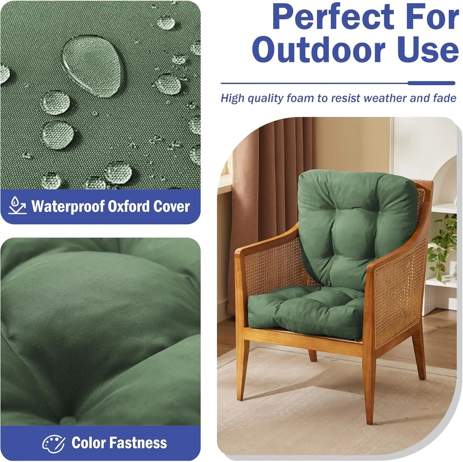 Outdoor Chair Cushions Set of 4, Patio Chair Cushions with Ties, 19x19 Tufted Outdoor Seat Cushions, Waterproof Patio Furniture Cushions, Outdoor Dining Chair Pads, Forest Green