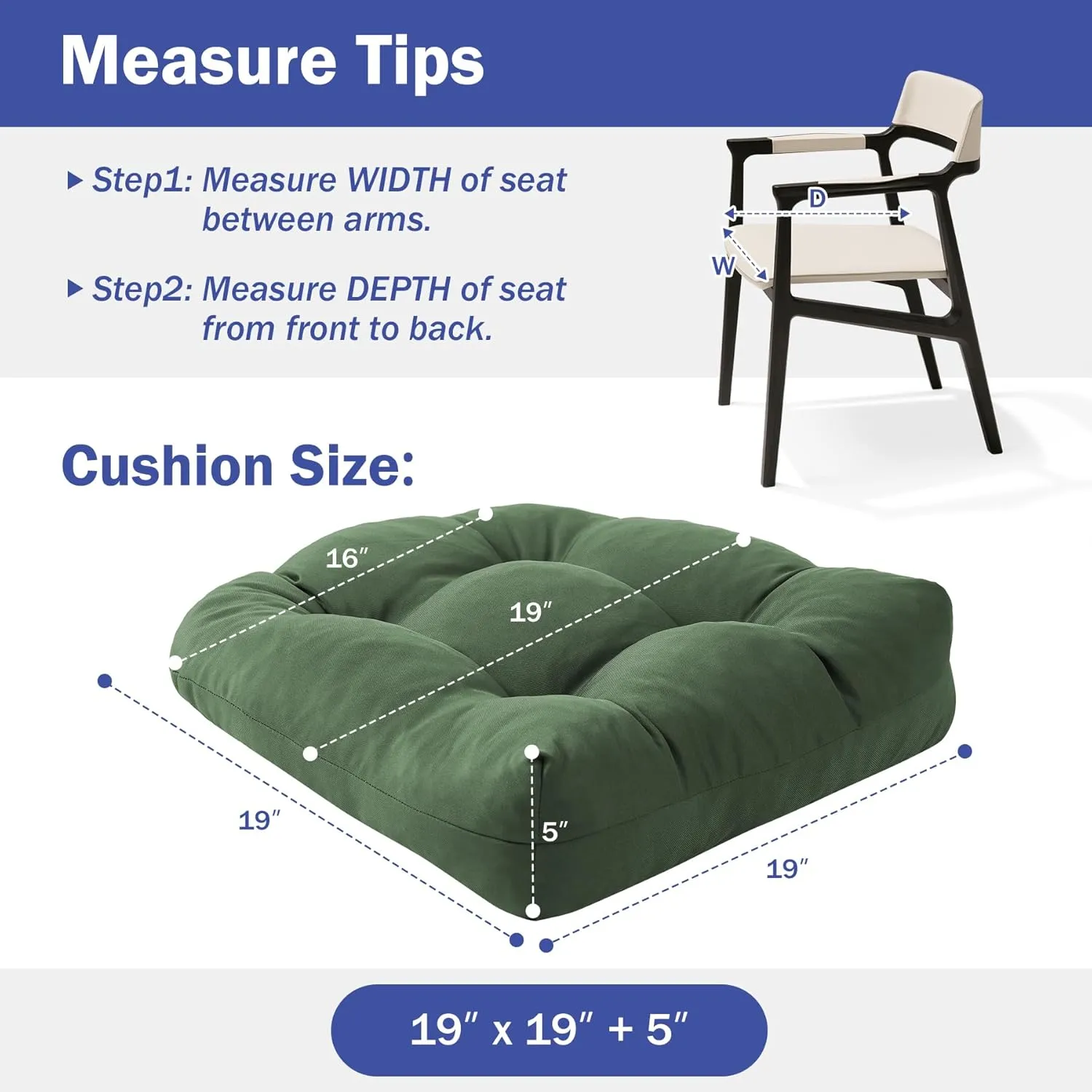 Outdoor Chair Cushions Set of 4, Patio Chair Cushions with Ties, 19x19 Tufted Outdoor Seat Cushions, Waterproof Patio Furniture Cushions, Outdoor Dining Chair Pads, Forest Green