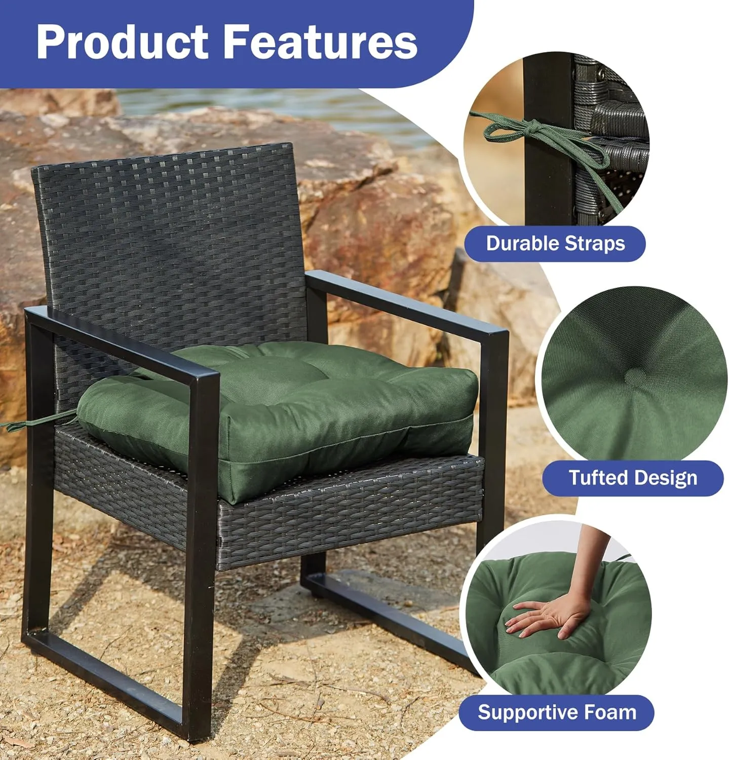 Outdoor Chair Cushions Set of 4, Patio Chair Cushions with Ties, 19x19 Tufted Outdoor Seat Cushions, Waterproof Patio Furniture Cushions, Outdoor Dining Chair Pads, Forest Green