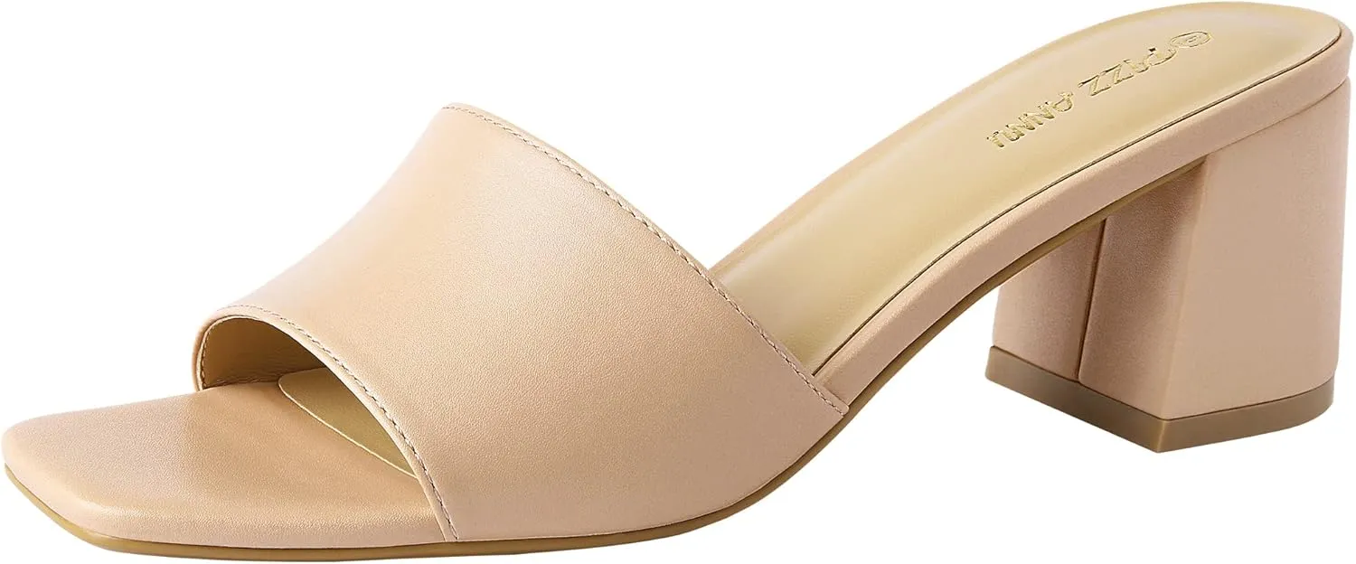 PIZZ ANNU Women's Square Open Toe Heels Sandals Low Block Chunky Heeled Sandal Slip on Mules Comfortable Casual Dress Pumps Shoes