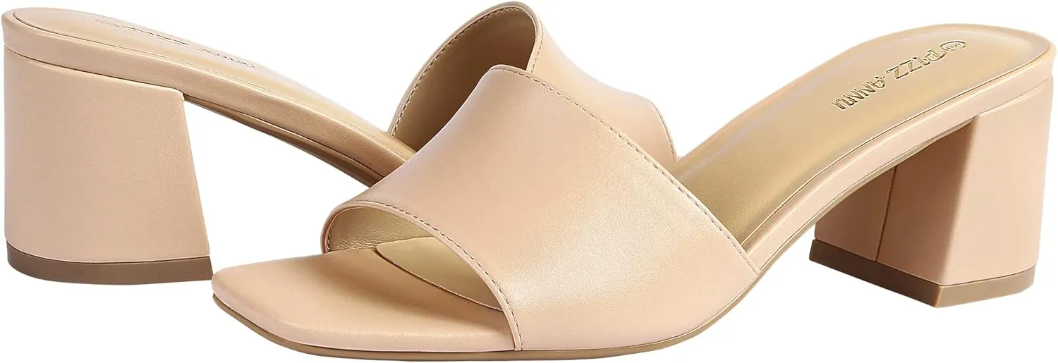 PIZZ ANNU Women's Square Open Toe Heels Sandals Low Block Chunky Heeled Sandal Slip on Mules Comfortable Casual Dress Pumps Shoes