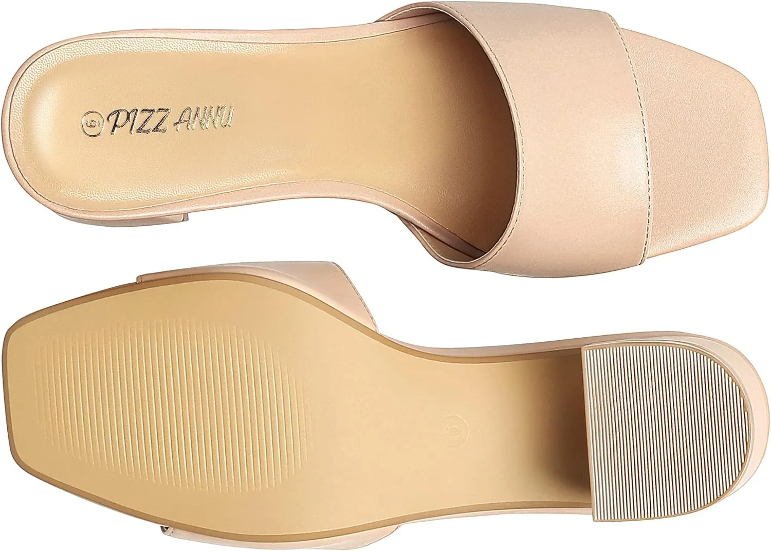 PIZZ ANNU Women's Square Open Toe Heels Sandals Low Block Chunky Heeled Sandal Slip on Mules Comfortable Casual Dress Pumps Shoes