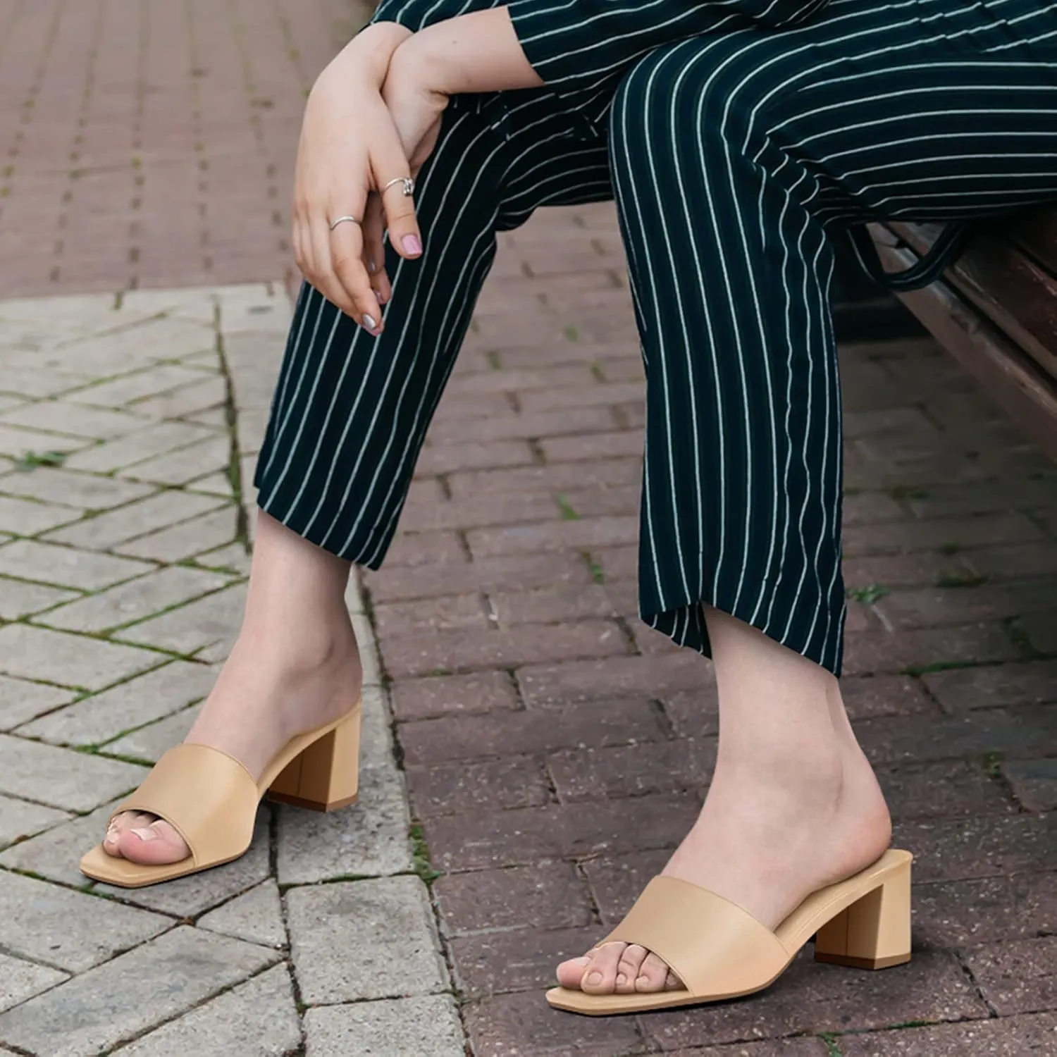 PIZZ ANNU Women's Square Open Toe Heels Sandals Low Block Chunky Heeled Sandal Slip on Mules Comfortable Casual Dress Pumps Shoes