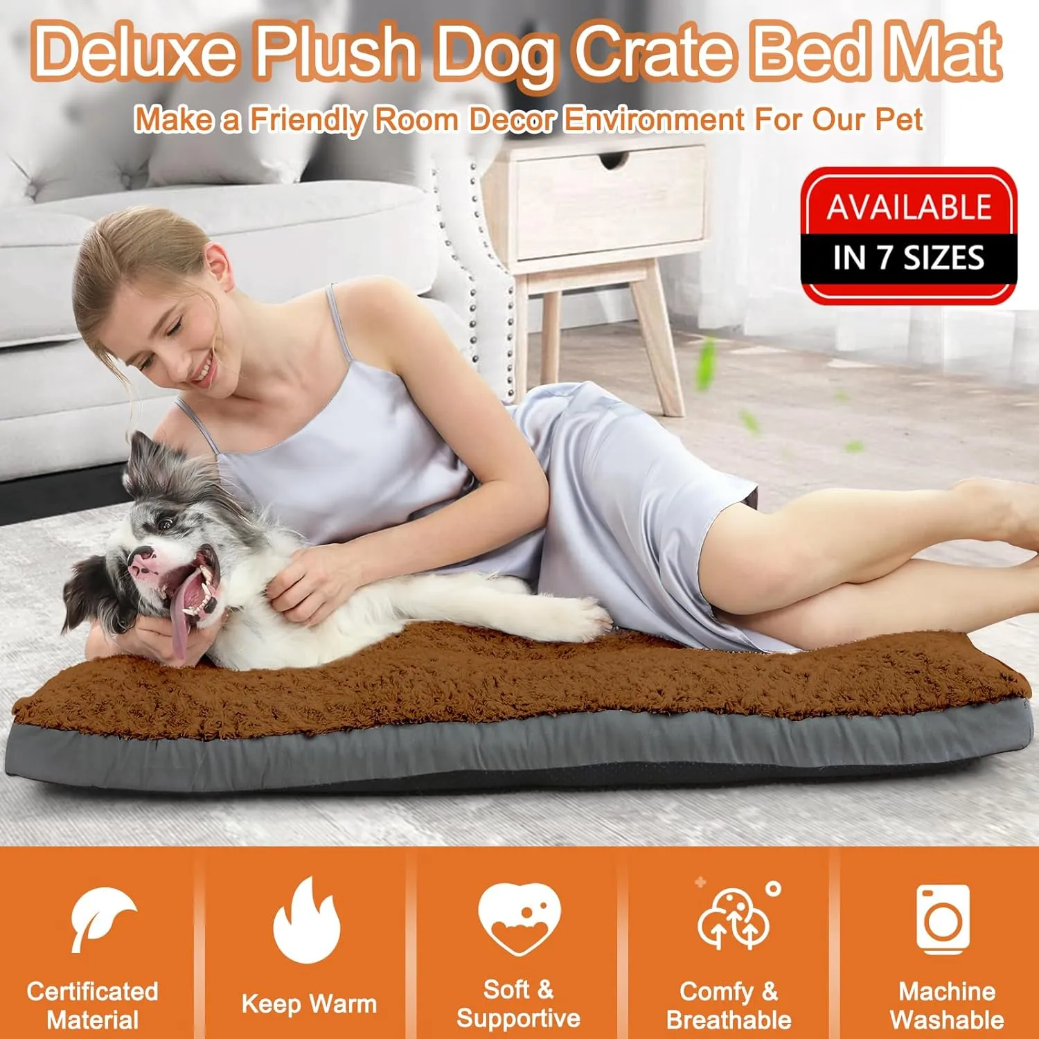 POCBLUE Deluxe Washable Dog Bed for Large Dogs Dog Crate Mat 36 Inch Comfy Fluffy Kennel Pad Anti-Slip for Dogs Up to 70 lbs, 36" x 23", Brown