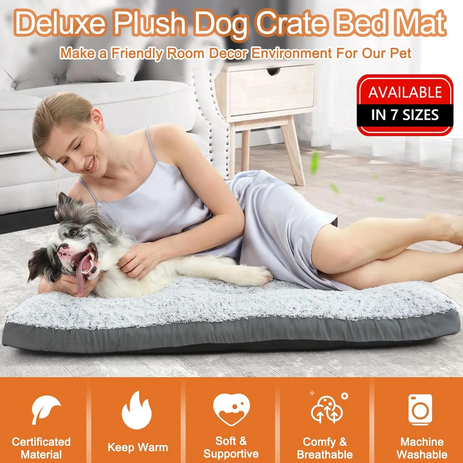POCBLUE Deluxe Washable XL Dog Bed Dog Crate Mat 42 inch Comfy Fluffy Kennel Pad Anti-Slip for Dogs Up to 90 lbs, 42" x 28", Grey