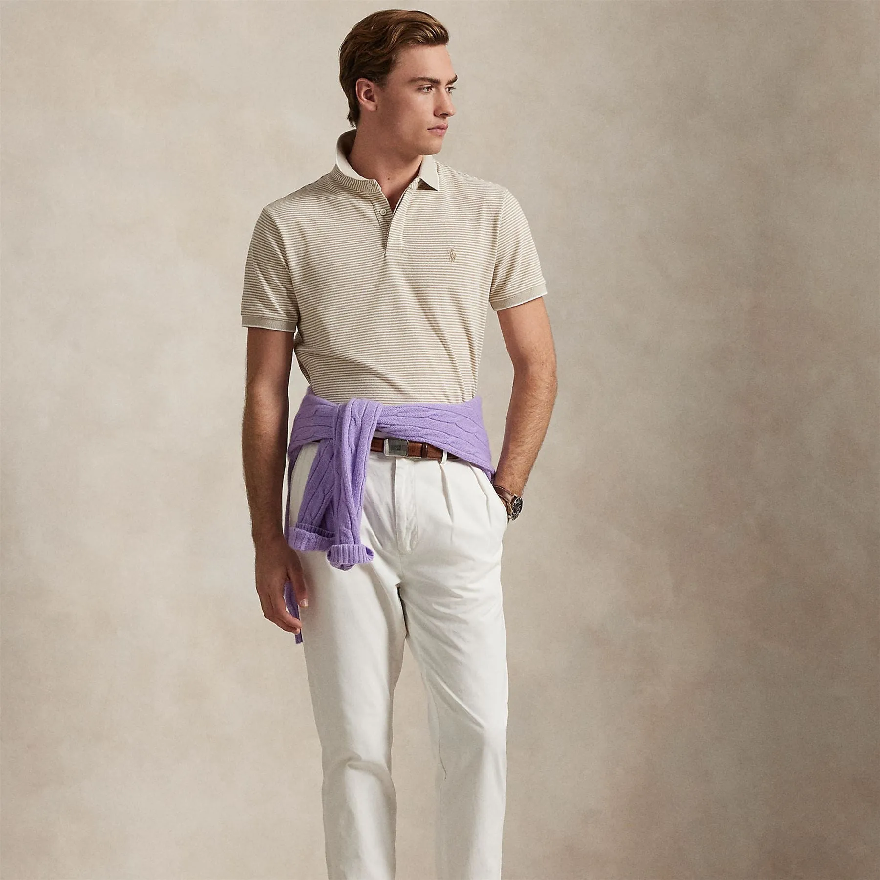 Polo Golf Classic Fit Stretch Oxford Mesh Polo Classic Khaki/White