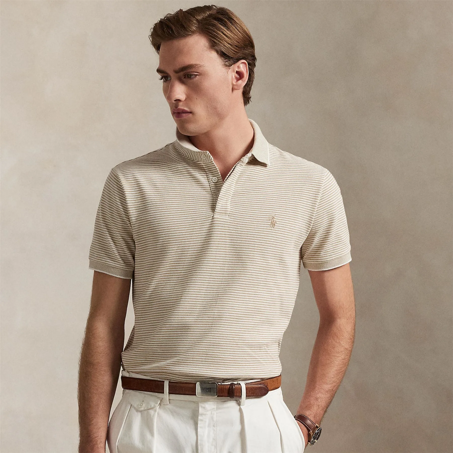 Polo Golf Classic Fit Stretch Oxford Mesh Polo Classic Khaki/White