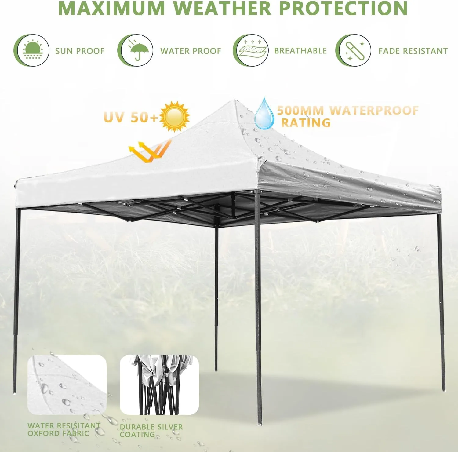 Pop-up Canopy Tent, Canopy Tent with Adjustable Height, Pop-up Tent 10x10, Windproof & Waterproof, Outdoor Canopy with Backpack Bag, 10x10 Tent for Patio Deck Garden and Beach, Pop Canopy Tent, White