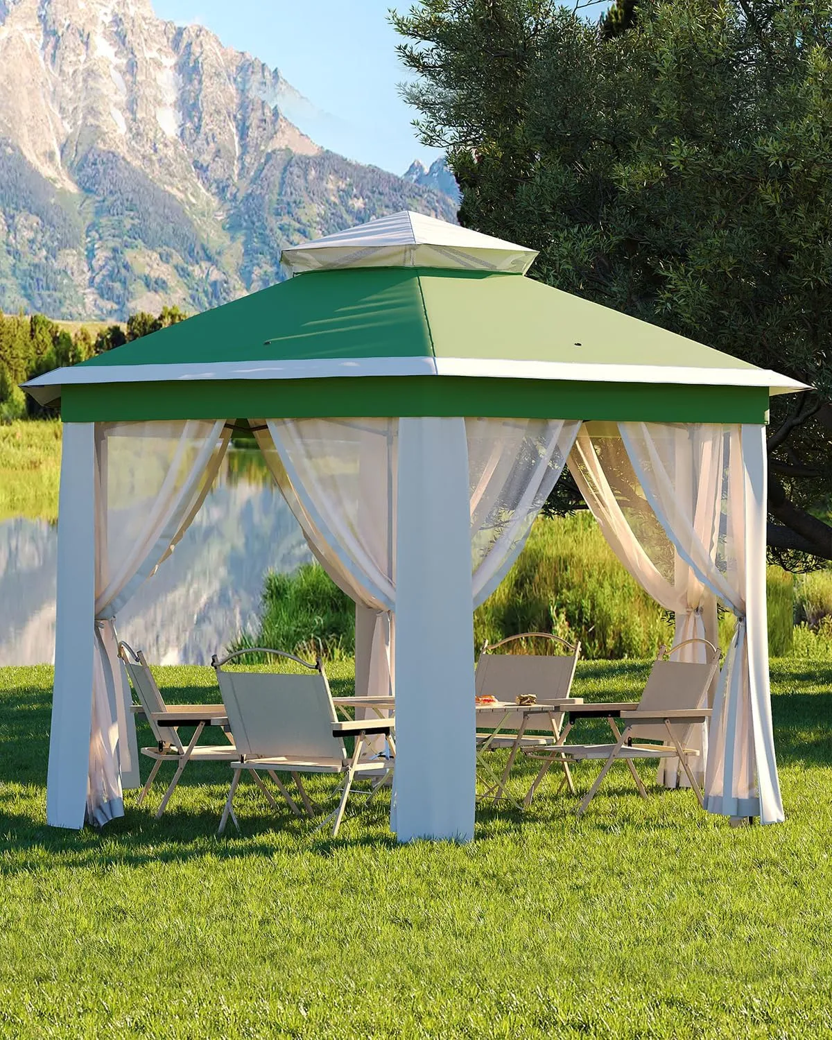 Pop Up Gazebo 13x13, 6 Side Outside Canopy Tent with Mosquito Netting, One Push Setup for Backyard Patio Garden Activities - Green