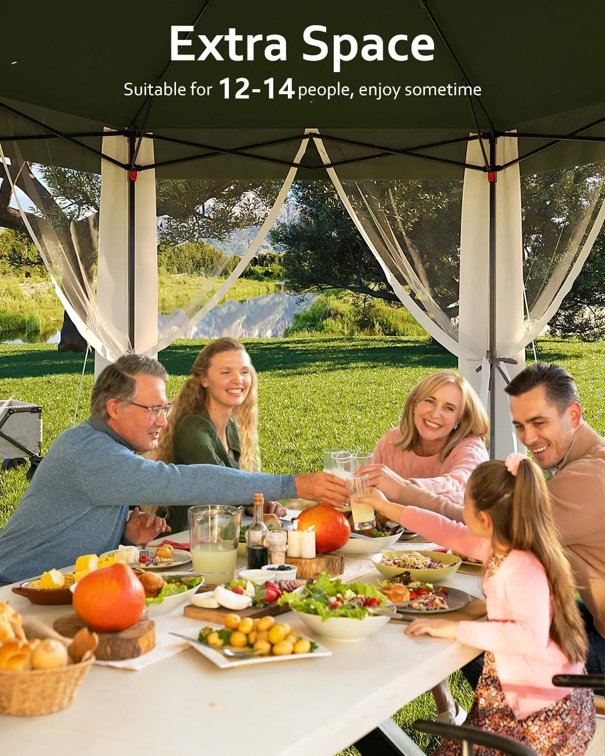 Pop Up Gazebo 13x13, 6 Side Outside Canopy Tent with Mosquito Netting, One Push Setup for Backyard Patio Garden Activities - Green
