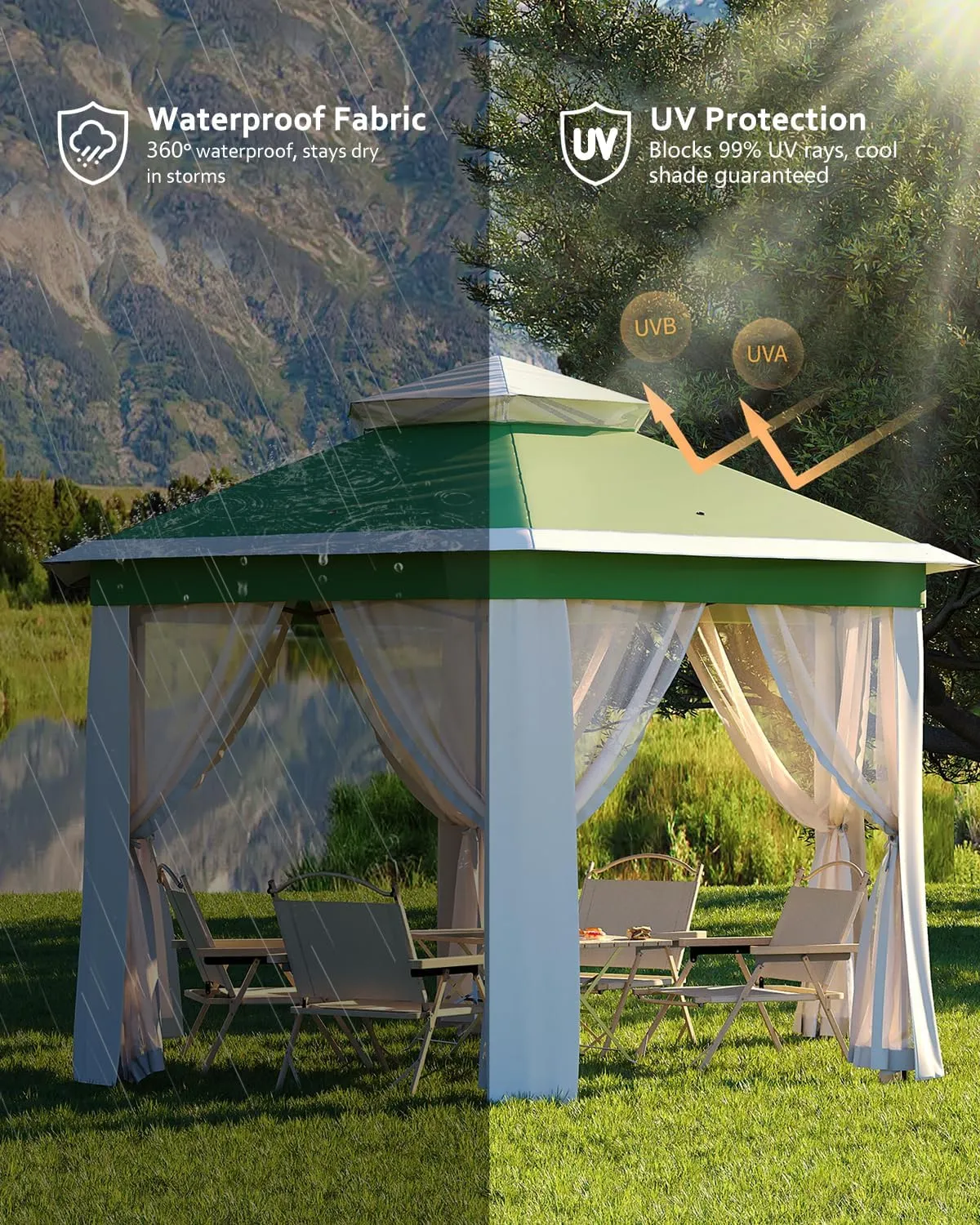 Pop Up Gazebo 13x13, 6 Side Outside Canopy Tent with Mosquito Netting, One Push Setup for Backyard Patio Garden Activities - Green