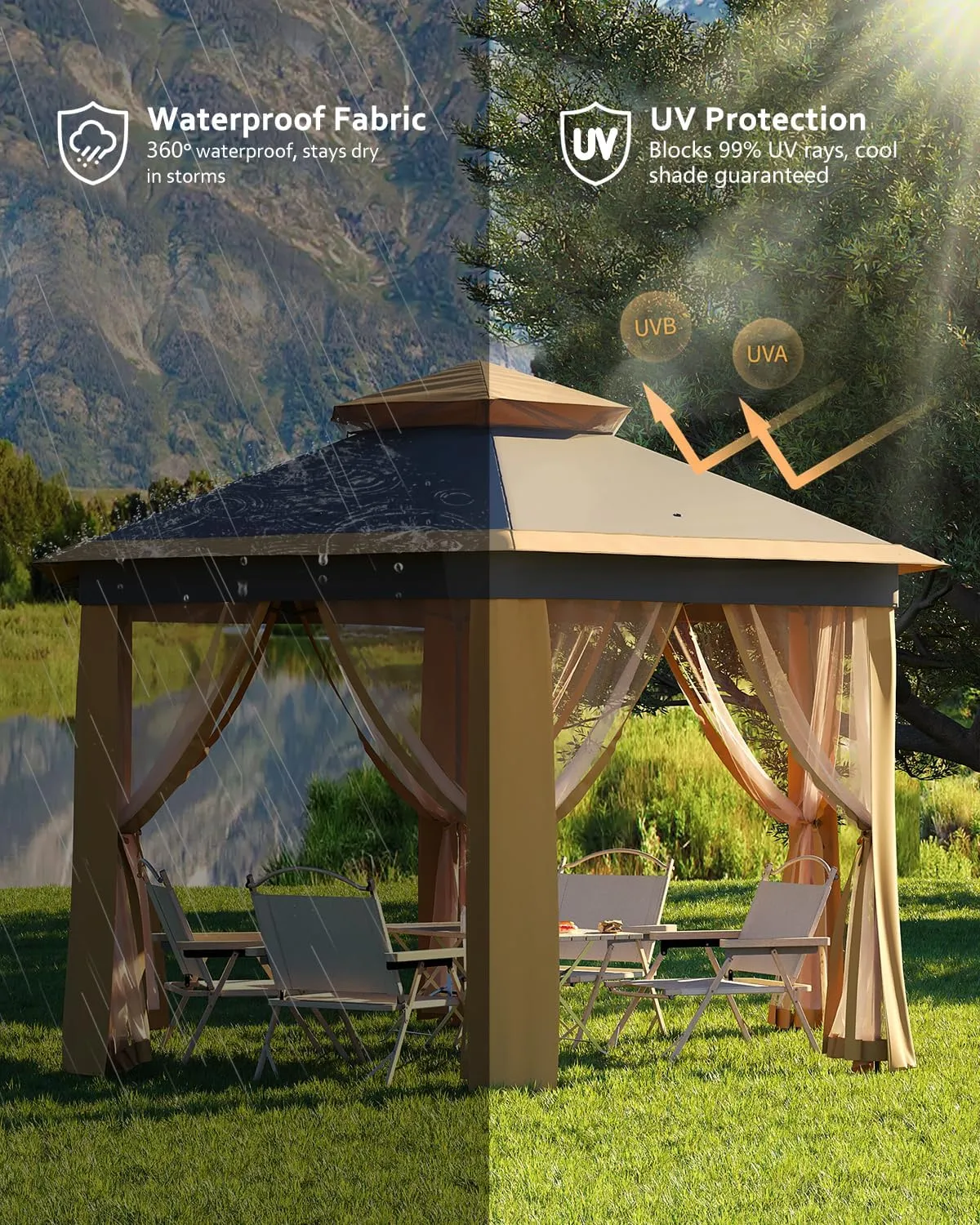 Pop Up Gazebo 13x13ft, Outside Canopy Tent with 6 Pcs Mosquito Netting, One Push Setup for Backyard Patio Garden Activities - Khaki & Beige