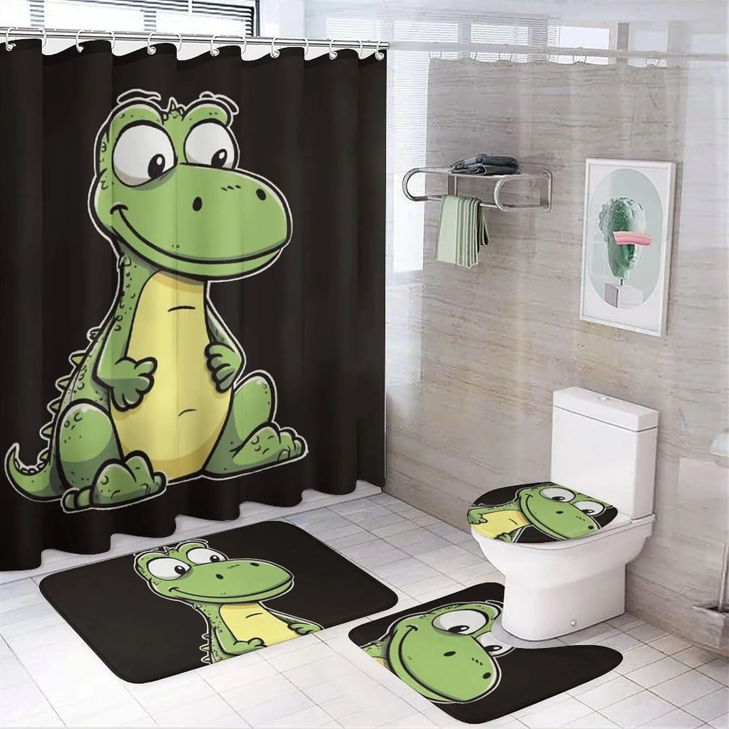 Quiet Cartoon Crocodile 4-Piece Shower Curtain Set with Shower Curtain and Rugs Modern Bathroom Curtains Bath Accessories with Mats Toilet Lid Cover and 12 Hooks