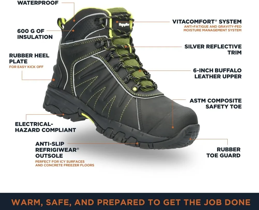 RefrigiWear Men’s OnyxRidge Hiker, Insulated Waterproof Leather Work Boots, -20°F to 30°F (-29°C to 1°C), Black
