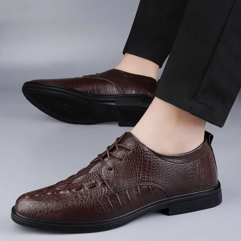 Retro Crocodile Pattern Men Leather Shoes Elegant Waterproof Dress Shoes Classic Low Top Non Slip Lace-up Oxfords