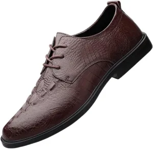 Retro Crocodile Pattern Men Leather Shoes Elegant Waterproof Dress Shoes Classic Low Top Non Slip Lace-up Oxfords