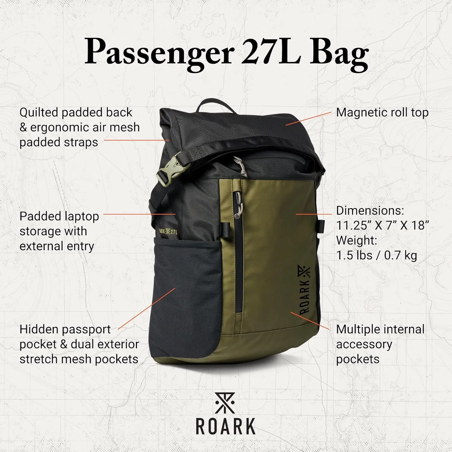 Roark Passenger 27L 2.0 Backpack, Travel Day Pack with Laptop Storage, Black/Military